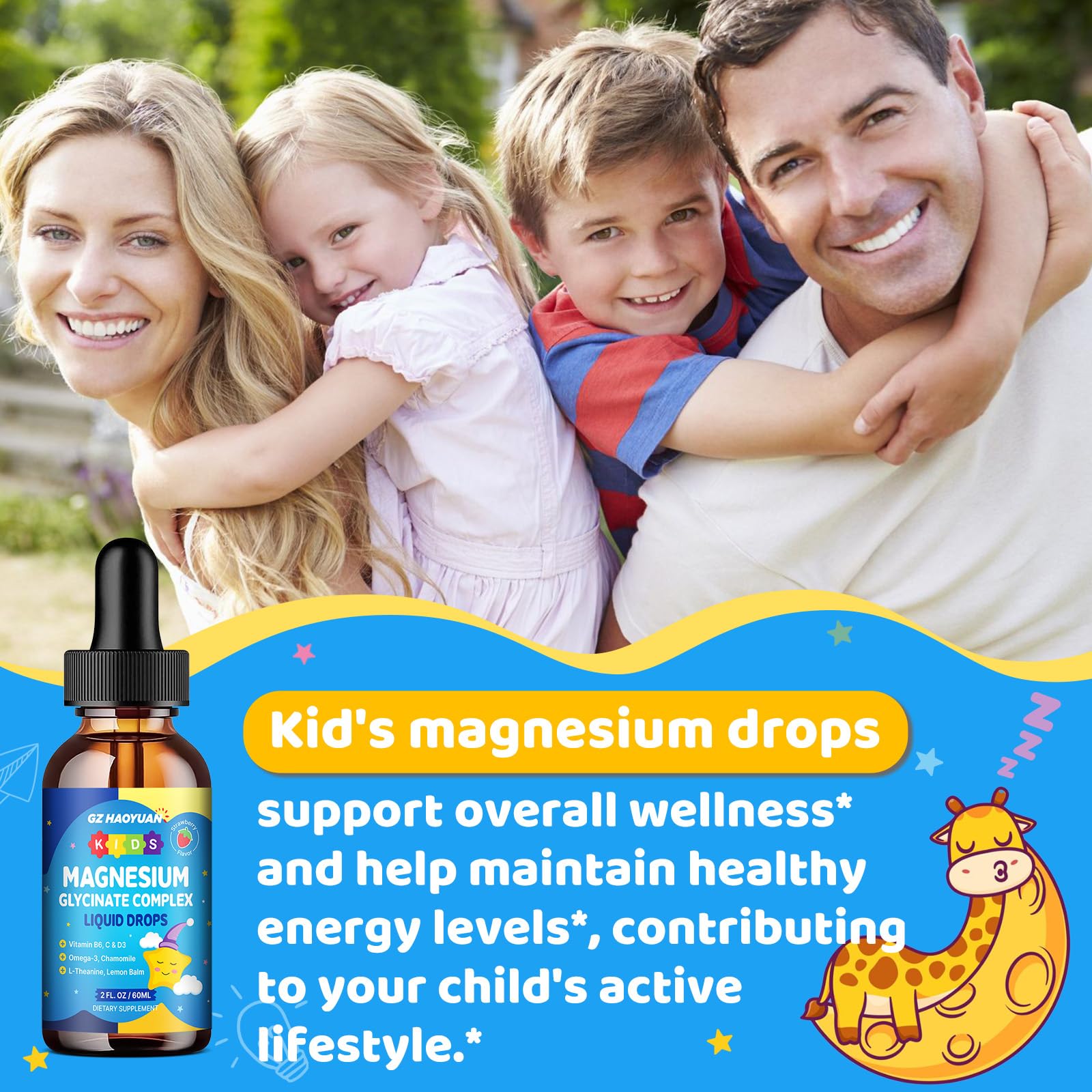 Kids Magnesium Glycinate Liquid Drops‌ – with L-Theanine, Omega-3, Vitamins B6 & D3, Zinc & Calcium – for Sleep Support, Relaxation, Focus & Brain, Bones – Strawberry Flavor, 2 Fl Oz GZ HAOYUAN uk supplements