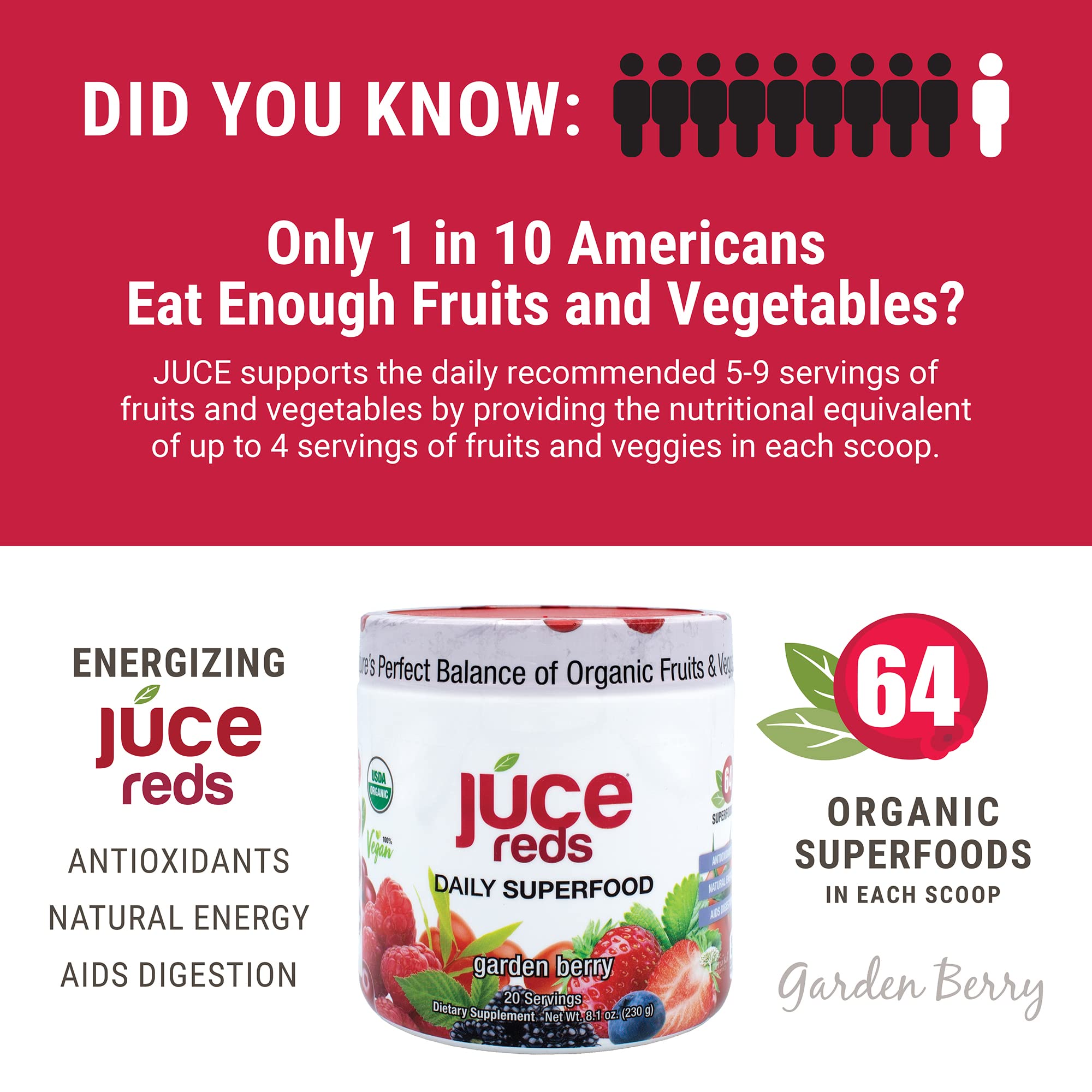 JUCE Reds Organic Superfood Powder - Garden Berry Flavor | Fruit and Veggie Powder Terra Kai Organics uk supplements