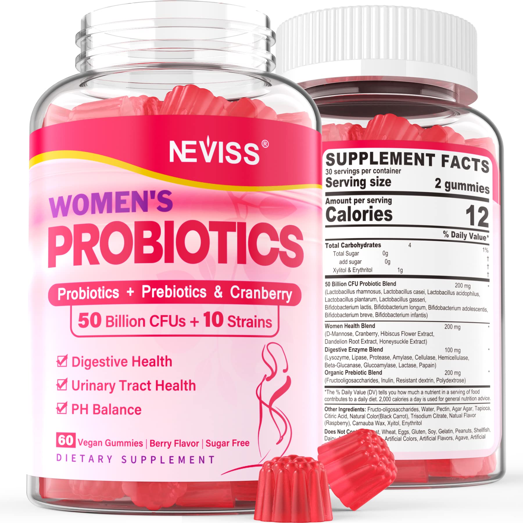 Probiotics for Women Gummies, Sugar Free Vaginal Probiotics 50 Billion CFU 10 Strains w/ Cranberry NEVISS uk supplements