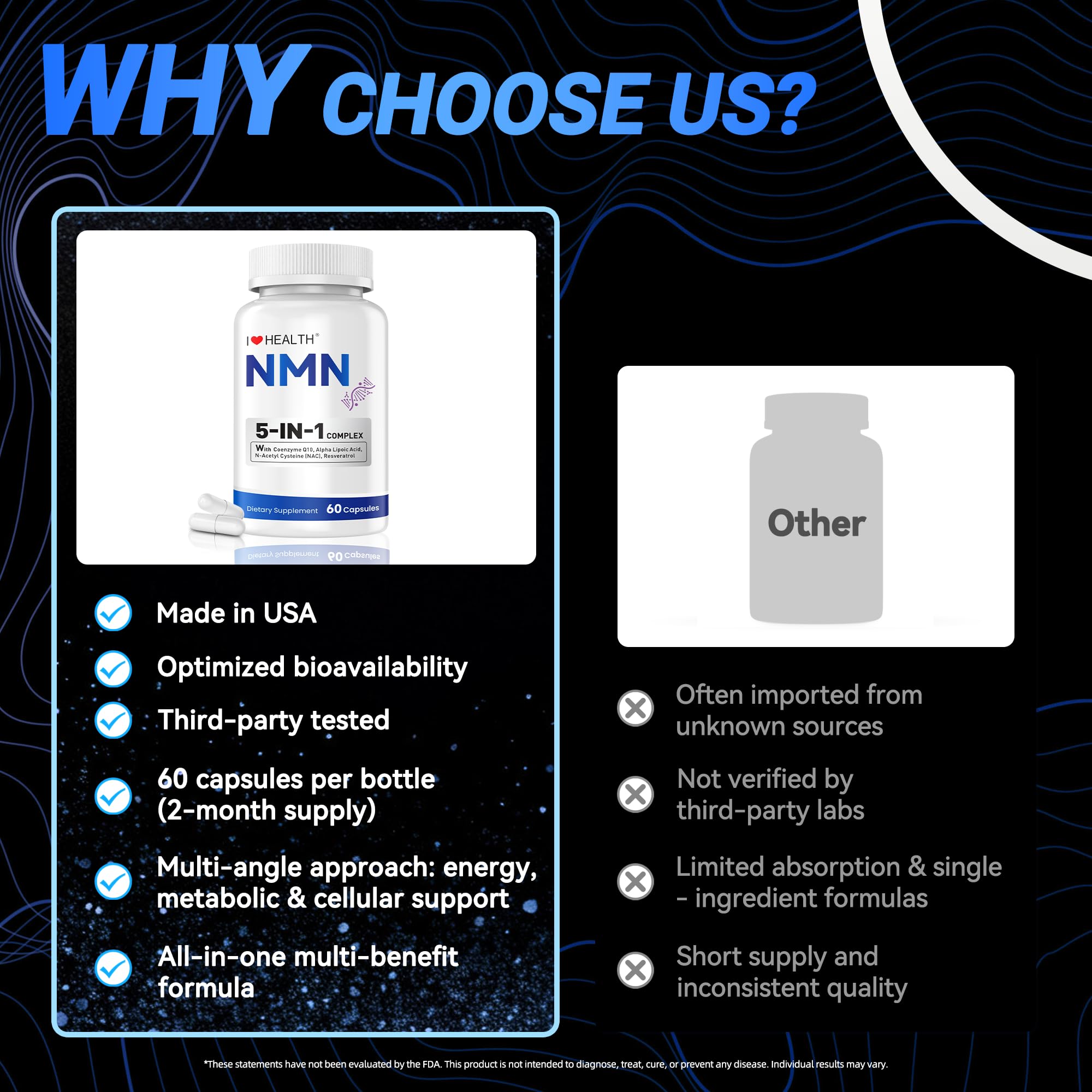 I LOVE HEALTH NMN Supplement, 5-in-1 Complex with NAC, Alpha Lipoic Acid, CoQ10 & Resveratrol - High Absorption Anti Aging Formula - Third Party Tested, cGMP, Gluten Free - 60 Capsules I LOVE HEALTH uk supplements