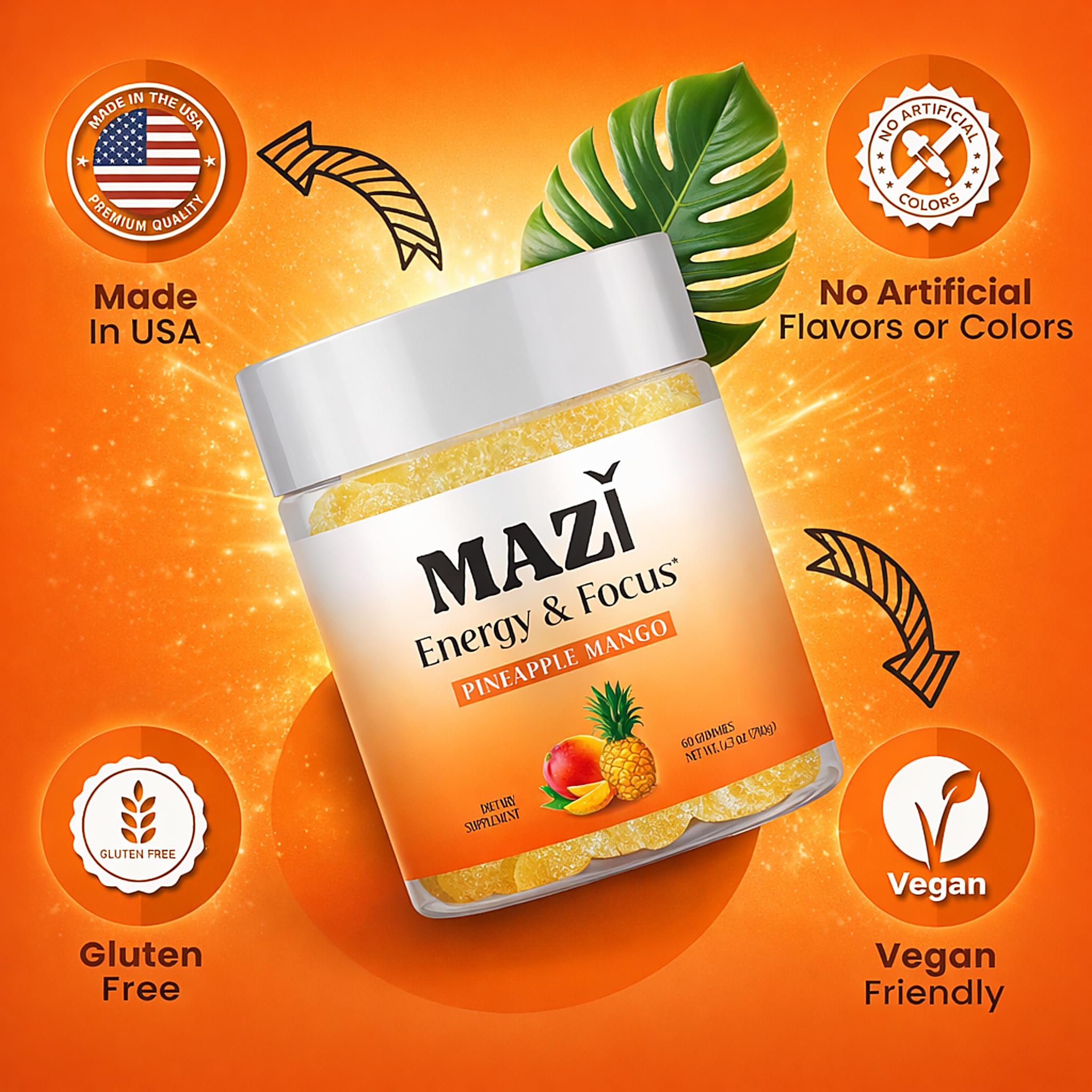 Energy & Focus Gummies | 100mg Natural Caffeine + L-Theanine + Vitamin B6 & B12 + CoQ10 | Nootropic Cognitive Brain Performance Supplement | No Crash or Jitters MAZI uk supplements