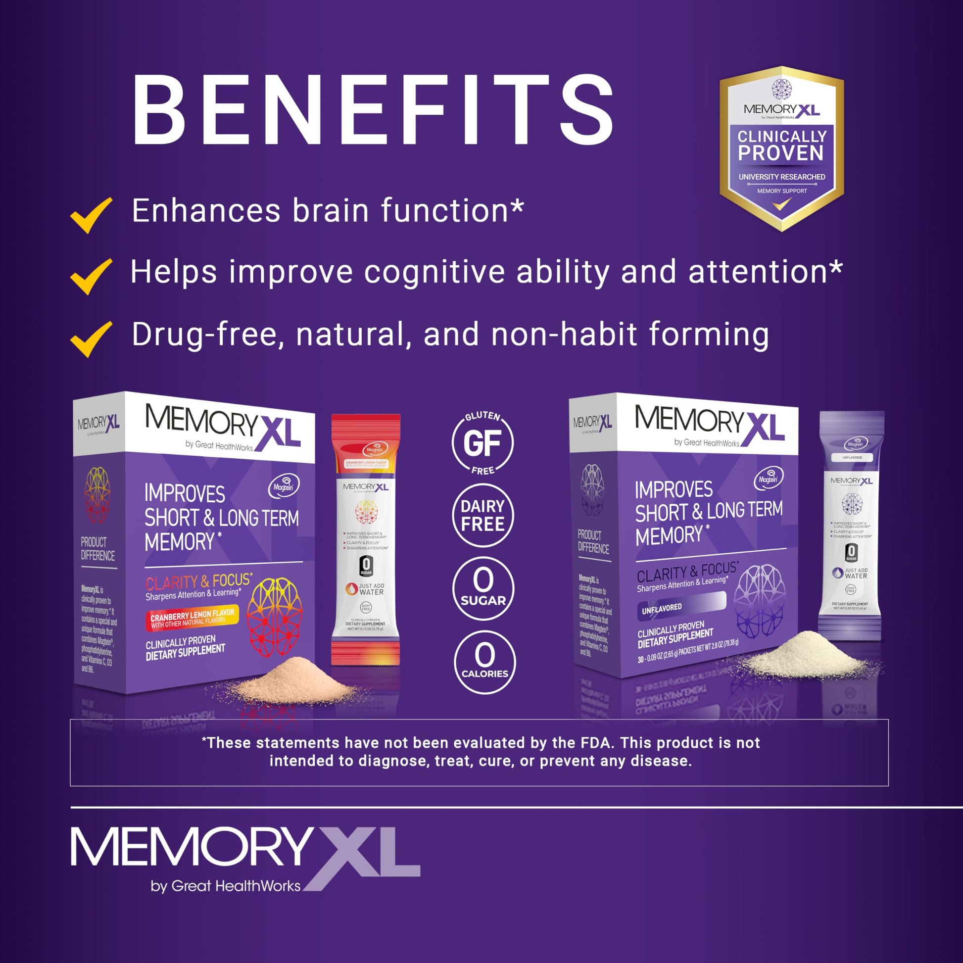 MemoryXL, Magnesium L-Threonate: Brain Supplement for Memory & Focus; Magtein®, Phosphatidylserine, Vitamin Mix. Improves Memory Focus Attention Learning & Logic. 0 Sugar, 0 cal, 30pk Cranberry Lemon OmegaXL uk supplements