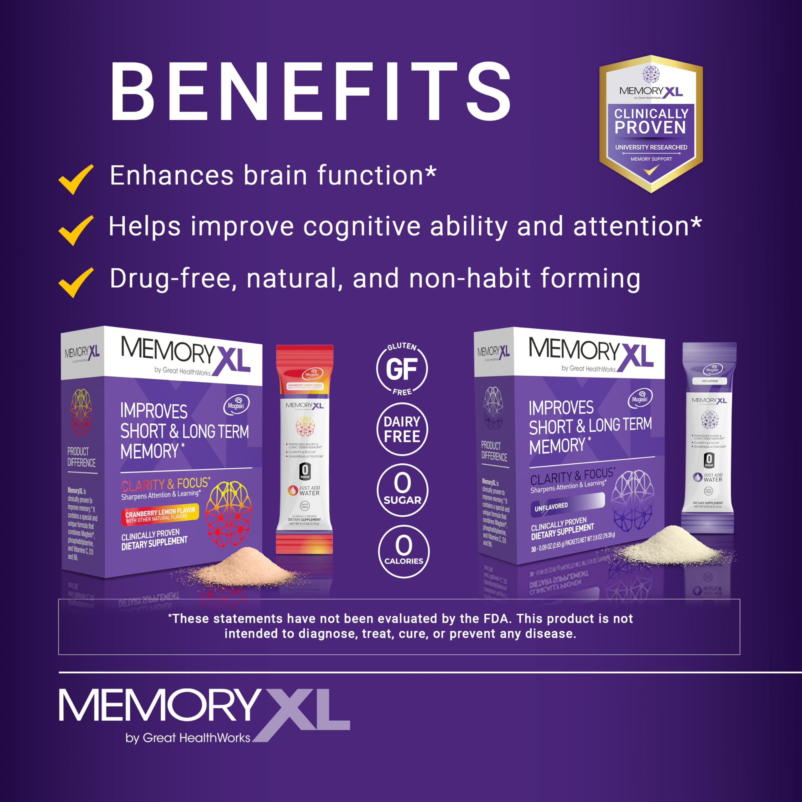 MemoryXL, Magnesium L-Threonate: Brain Supplement for Memory & Focus; Magtein®, Phosphatidylserine, Vitamin Mix. Improves Memory Focus Attention Learning & Logic. 0 Sugar, 0 cal, 30pk Cranberry Lemon OmegaXL uk supplements