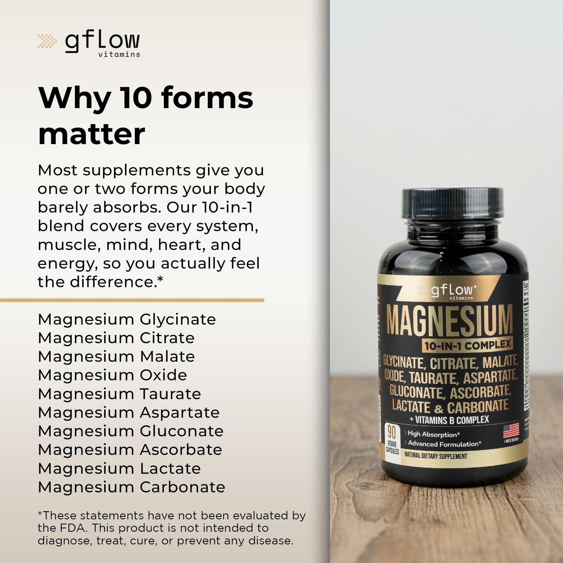 gflow vitamins Magnesium Complex Supplement - 10 Active Forms, Glycinate, Citrate, Malate, Oxide, Taurate, Aspartate, Gluconate, Ascorbate, Lactate, Carbonate, Plus More with Vitamin C B1 B2 B6 B12 gflow vitamins uk supplements