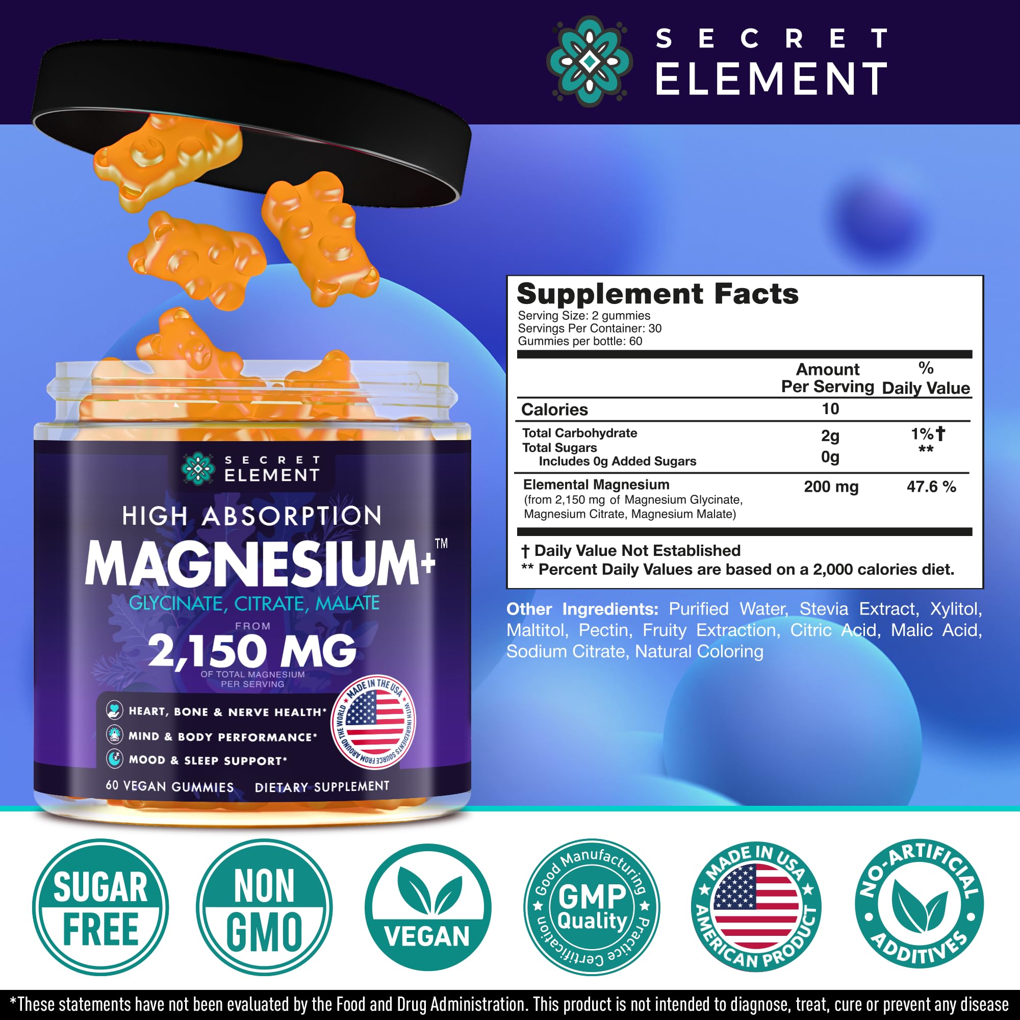 Secret Element Magnesium Glycinate 2150MG Gummies for Women and Men, High Absorption Magnesium Glycinate, Citrate, Malate Gummies for Adults & Kids, Sleep Support, Sugar Free, Vegan, 60 Chews, Orange Secret Element uk supplements