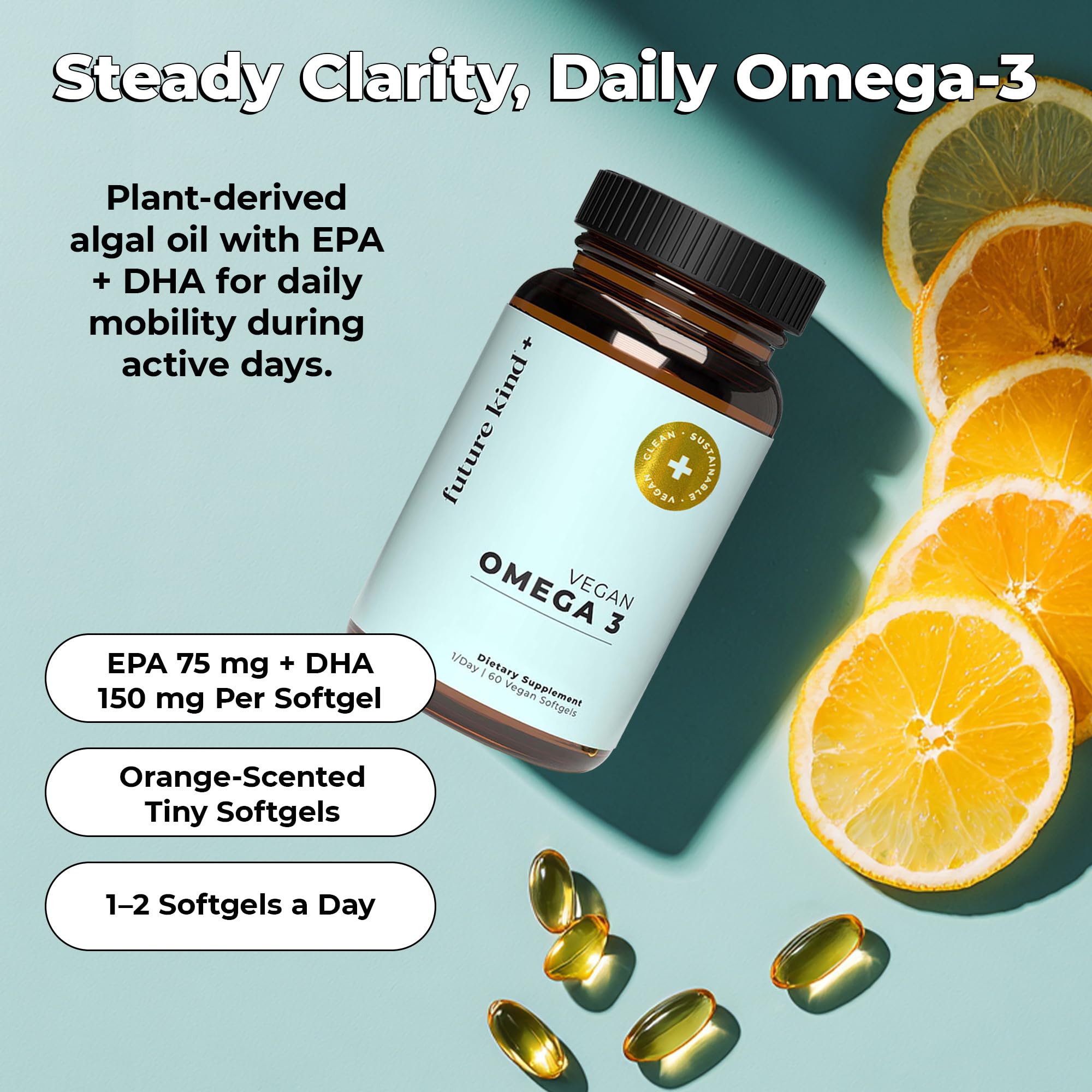 Future Kind Omega-3 Supplement for Clarity, Memory, and Mobility Comfort, 2 Months Supply of Citrus-Scented Softgels with EPA and DHA, Vegan Omega-3 Supplement from Algae, Carrageenan Free, 60 Count Future Kind uk supplements