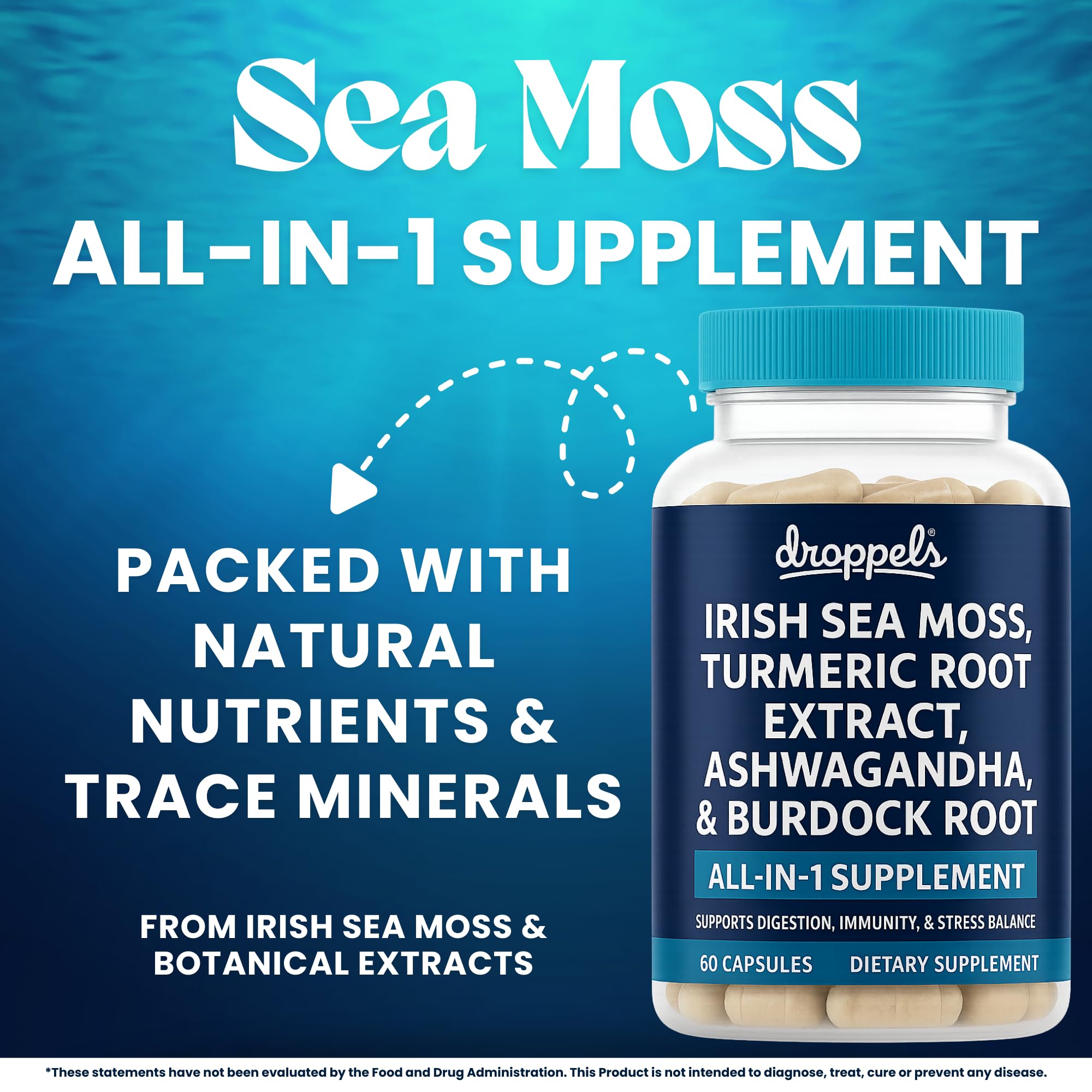 Droppels Irish Sea Moss Capsules with Turmeric Root, Ashwagandha, Black Pepper & Burdock Root – Natural Mineral Blend for Immune, Digestion, Joint & Energy Support – Vegan, Non-GMO – 60 Capsules Droppels uk supplements