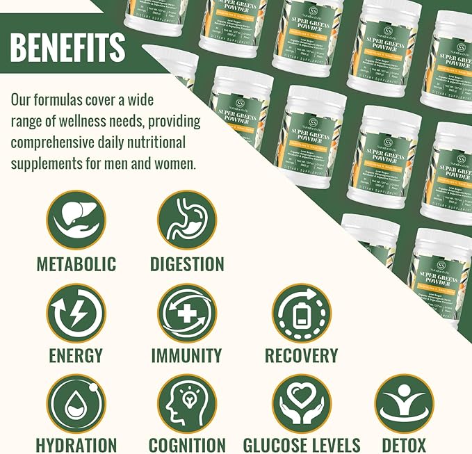 Super Greens Powder Superfood + Electrolytes & Tonic Herbs | Organic Greens, Shilajit, Adaptogens, Antioxidants, Preobiotic & Probiotic & Postbiotic| for Energy, Gut & Immune| Unflavored - 30 Servings Sundhedsliv uk supplements