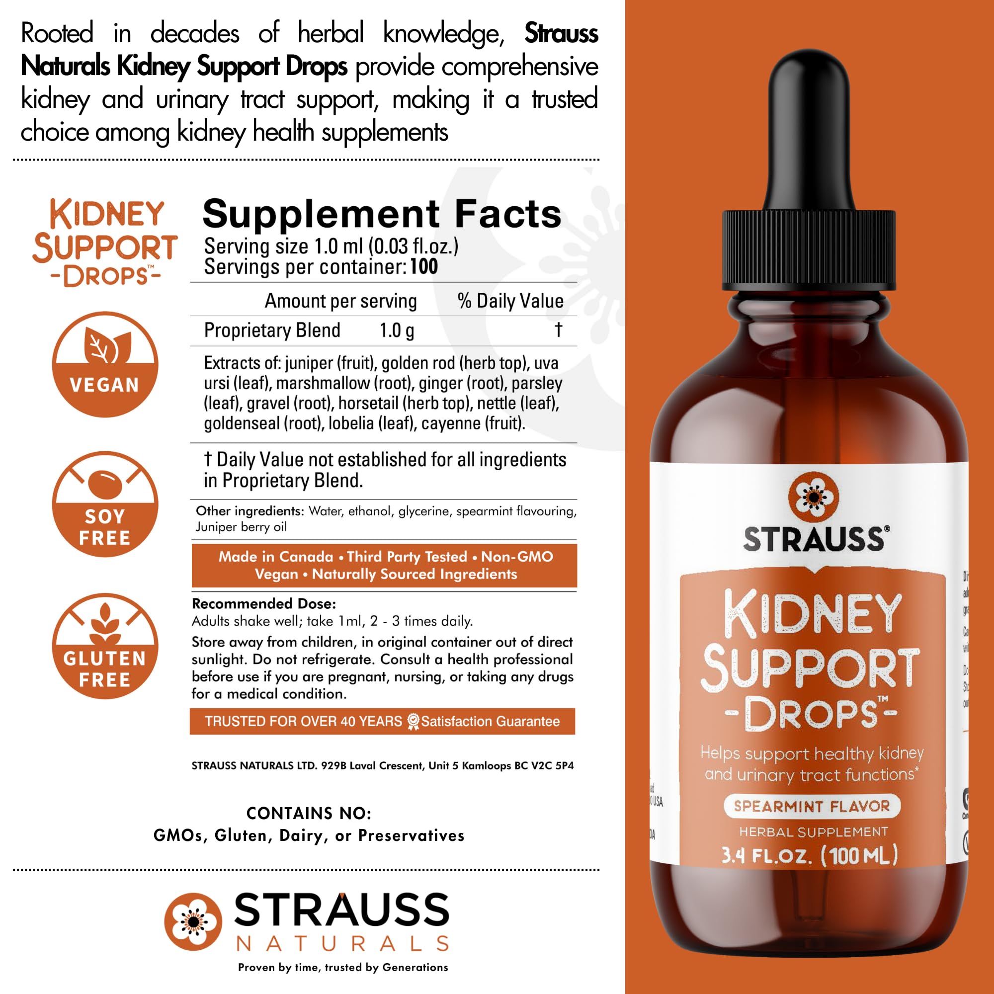 Strauss Naturals Kidney Support Drops – Herbal Kidney Support Supplement for Men and Women – Helps with Kidney Health and Urinary Tract Function – Vegan & Non-GMO – Spearmint Flavored – 100 ml Bottle Strauss Heartdrops uk supplements