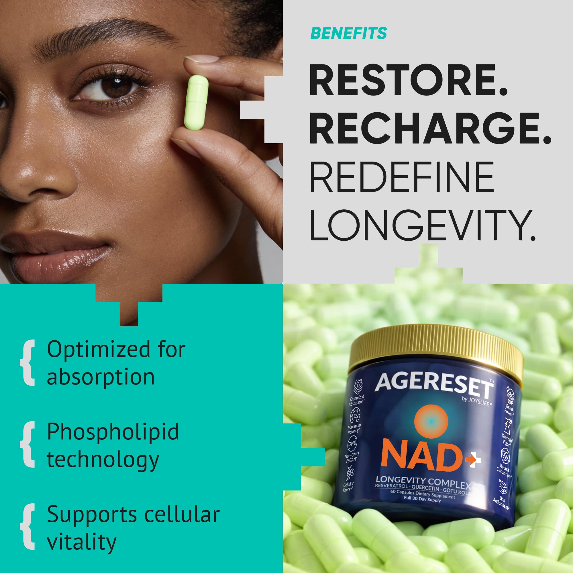 JoysLife AGERESET NAD Supplement NMN Alternative Liposomal + Gotu Kola for Women & Men w/Resveratrol, Quercetin, Gotu Kola JoysLife uk supplements