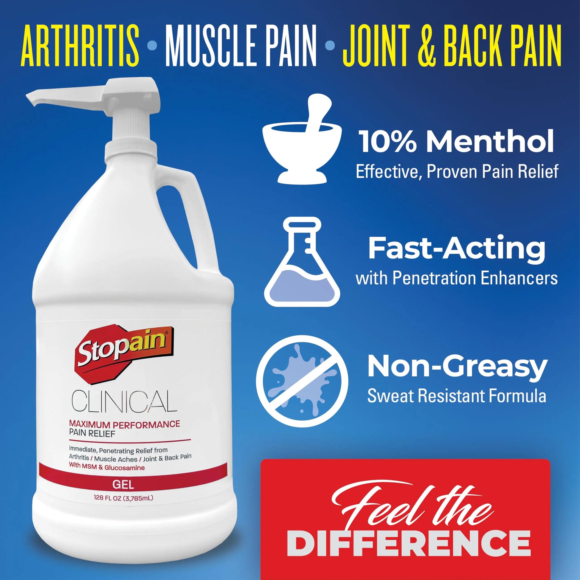 Stopain Clinical Pain Relief Gel 1 Gallon - Professional Formula for Arthritis, Knee, Back & Muscle Pain - Maximum Strength Gel for Joint & Nerve Pains with 10% Menthol Plus Glucosamine - Made in USA Stopain uk supplements
