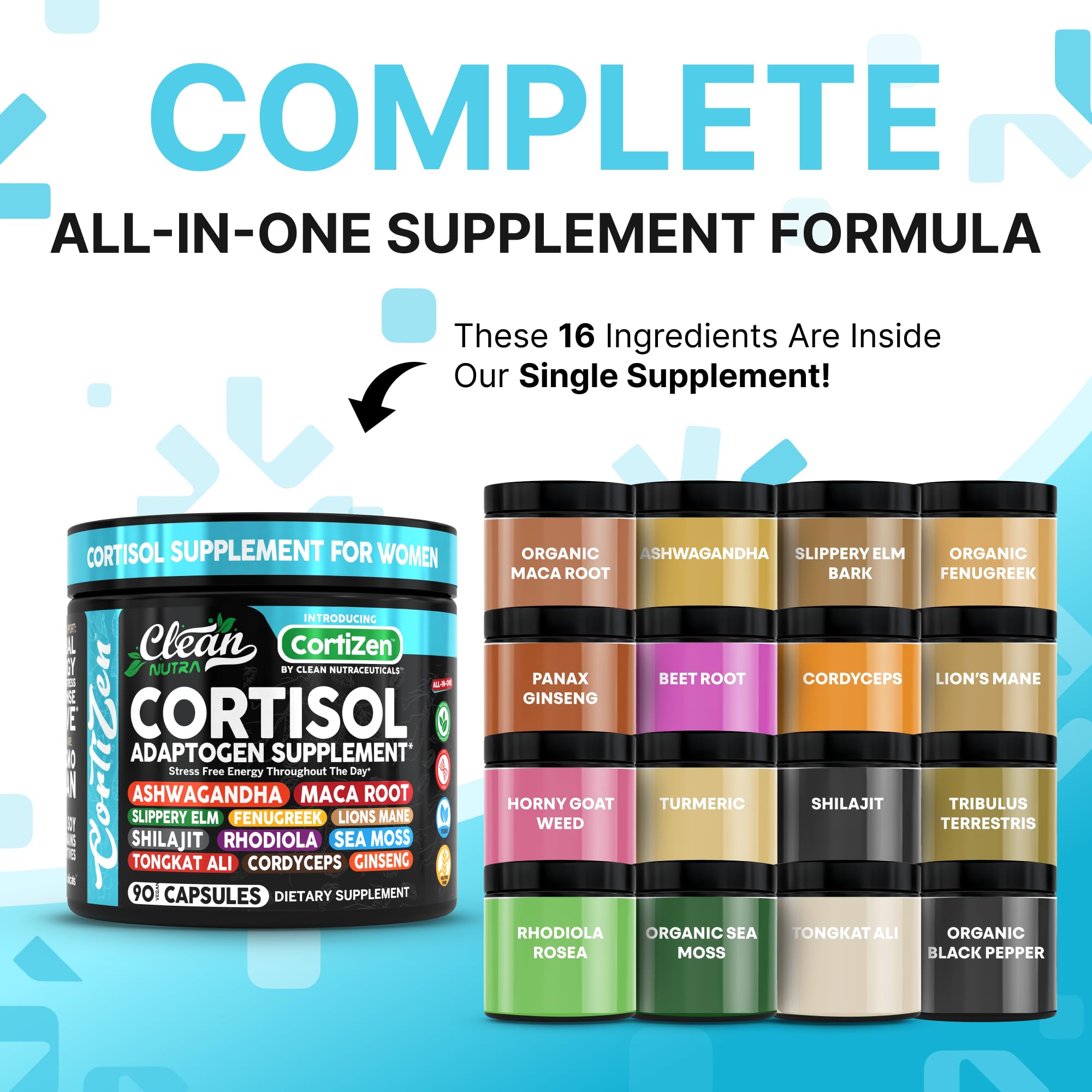 Clean Nutra Cortisol Supplements For Women | Maca Root Ashwagandha Cortisol Detox Manager Reducer + Slippery Elm Fenugreek Lions Mane Shilajit Rhodiola Sea Moss Tongkat Ali Cordyceps Ginseng Beet Root Clean Nutraceuticals uk supplements