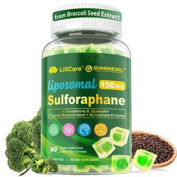 Liposomal Sulforaphane Supplement 150mg, from Broccoli Seed Extract w/Myrosinase, Quercetin, Glutathione, Sulforaphane Supplement Gummies for Antioxidants Detox Cellular Brain Health, Chewable 60Cts LILICARE uk supplements