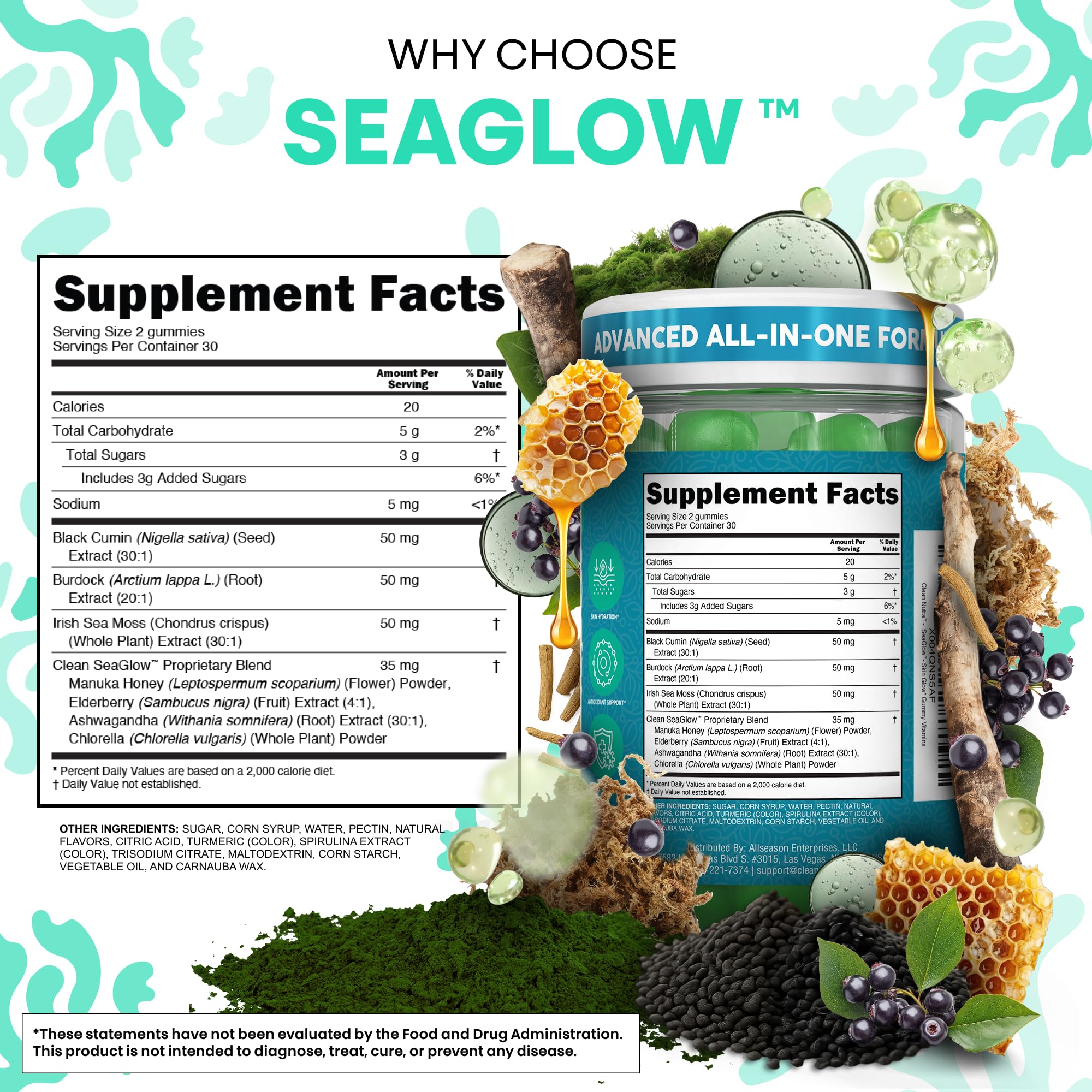 Clean Nutra Sea Moss Gummies Black Seed Oil Chlorella Ashwagandha Root Hair Growth Skin Glow Irish Sea Moss Elderberry Burdock Manuka Honey Trace Minerals Detox 60 Gummy Vitamins Sea Glow Supplement Clean Nutraceuticals uk supplements