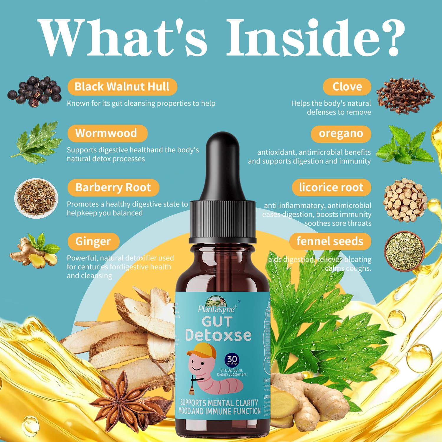 Plantasyne Herbal Gut Cleanse Drops with Black Walnut Hull & Barberry Root | Gentle Liquid Detox for Gut & Colon Support | for Adults & Kids|30 Servings Plantasyne uk supplements