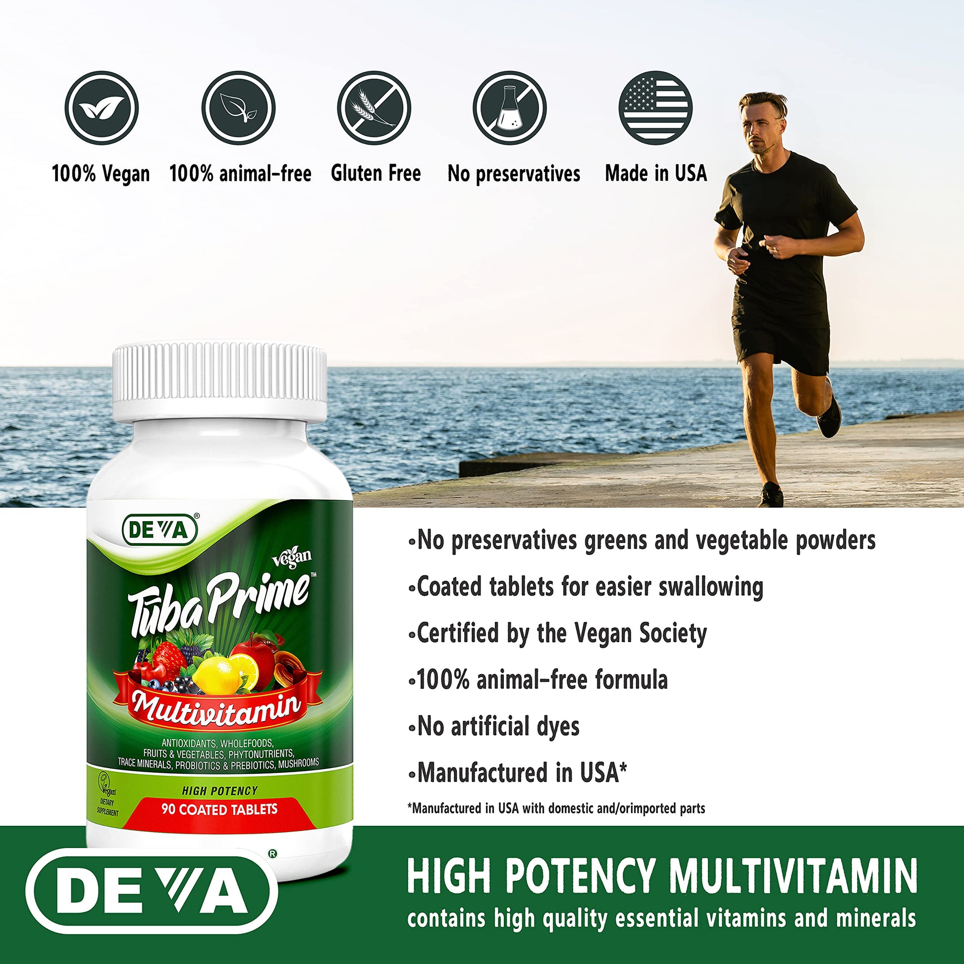 DEVA Tuba Prime Vegan Multivitamin - High-Potency Vitamin and Mineral Dietary Supplement - Antioxidants, Fruit and Vegetable Blend, Super Mushrooms, Probiotics, Prebiotics, Seeds, Herbs - 90 Tablets DEVA uk supplements