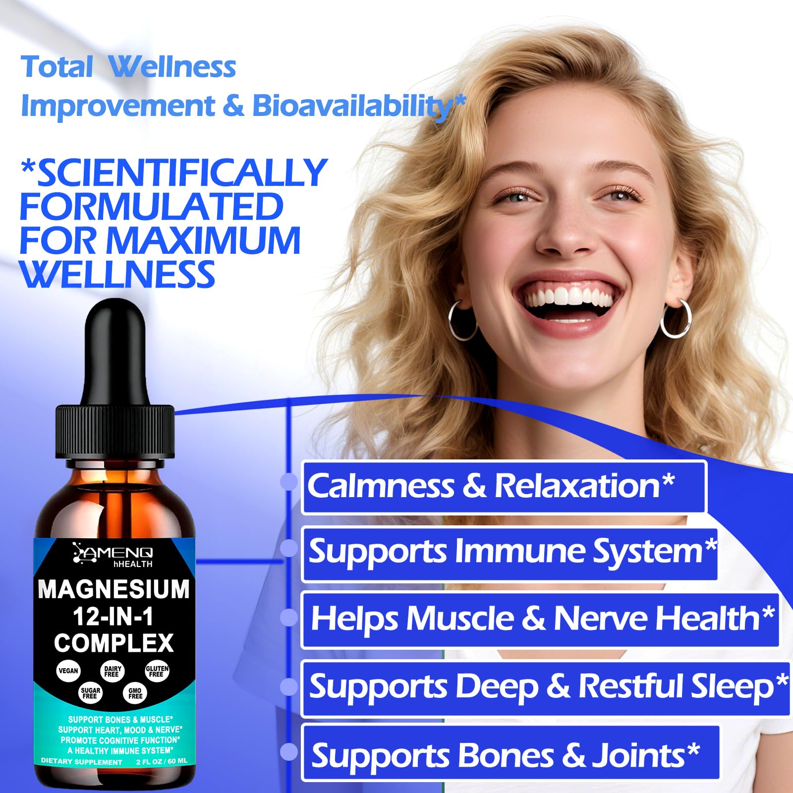 Magnesium 12 in 1 Complex Liquid Drops Magnesium Supplement w. Glycinate Citrate Malate Taurate Oxide Aspartate Orotate, Calm Magnesium for Sleep Muscle Heart Support丨Max Absorption Liquid Formula AMENQ hHEALTH uk supplements