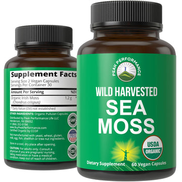 Organic Sea Moss Capsules. Wild Harvested Sea Moss Raw Organic Vegan Supplement from Red Algae Seaweed. 100% Whole Extract Raw Irish SeaMoss Superfood Pills. for Gut, Respiratory, Immune Support. Peak Performance uk supplements