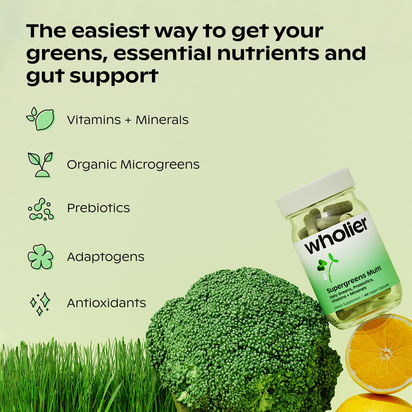 wholier Supergreens Multi, Daily Greens, Vegan Multivitamin for Women + Men, Whole Food Vitamins + Minerals, Prebiotics for Gut Health, Adaptogens (60 Vegan Capsules) Glass Bottle wholier uk supplements