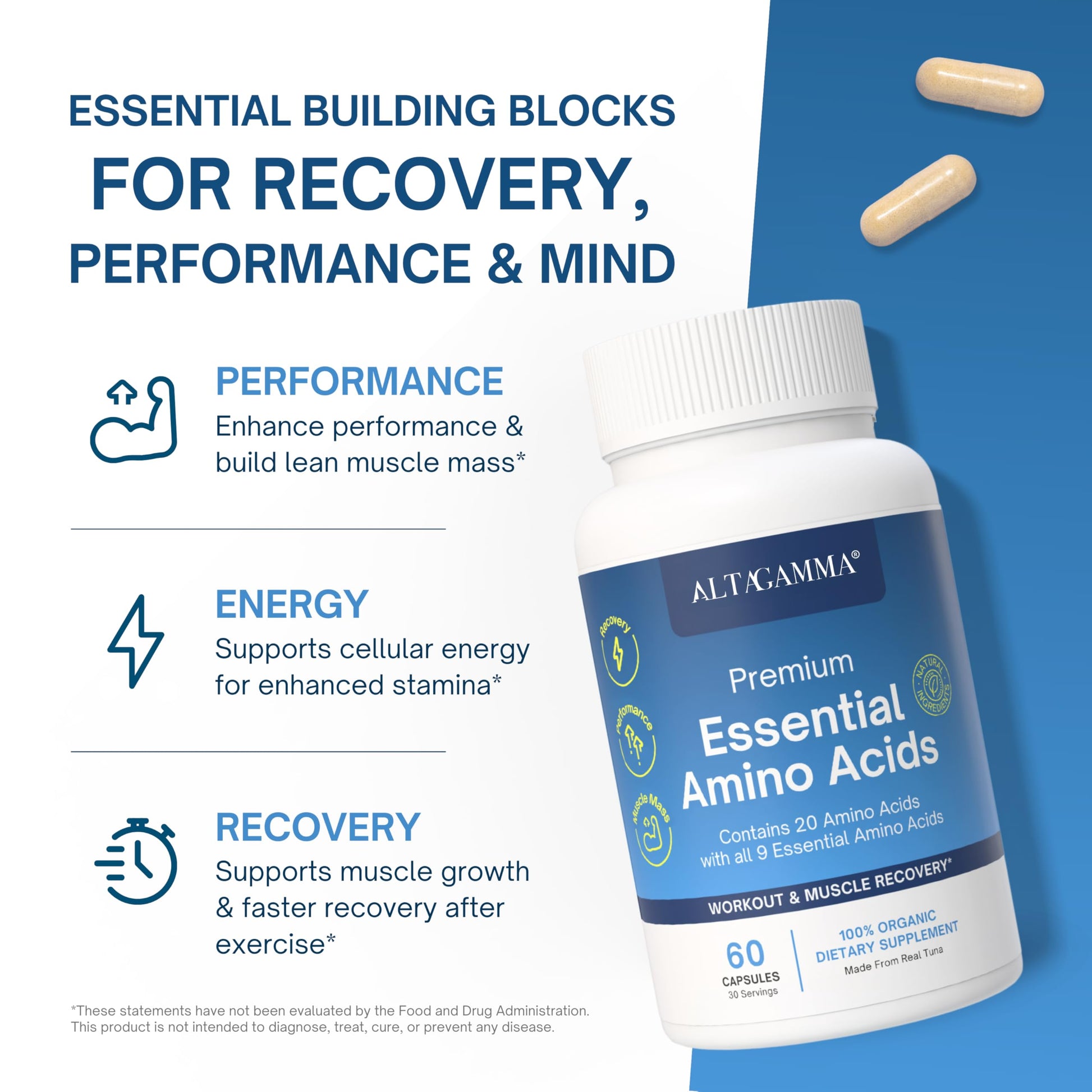 ALTAGAMMA Pure Amino Acids Complex - Protein for Pre/Post Workout, Energy & Muscle Recovery - 9 Essential Amino Acids Supplement (EAA) & BCAAs - Leucine, Lysine, L Tyrosine, L Arginine, 60 Capsules ALTAGAMMA uk supplements