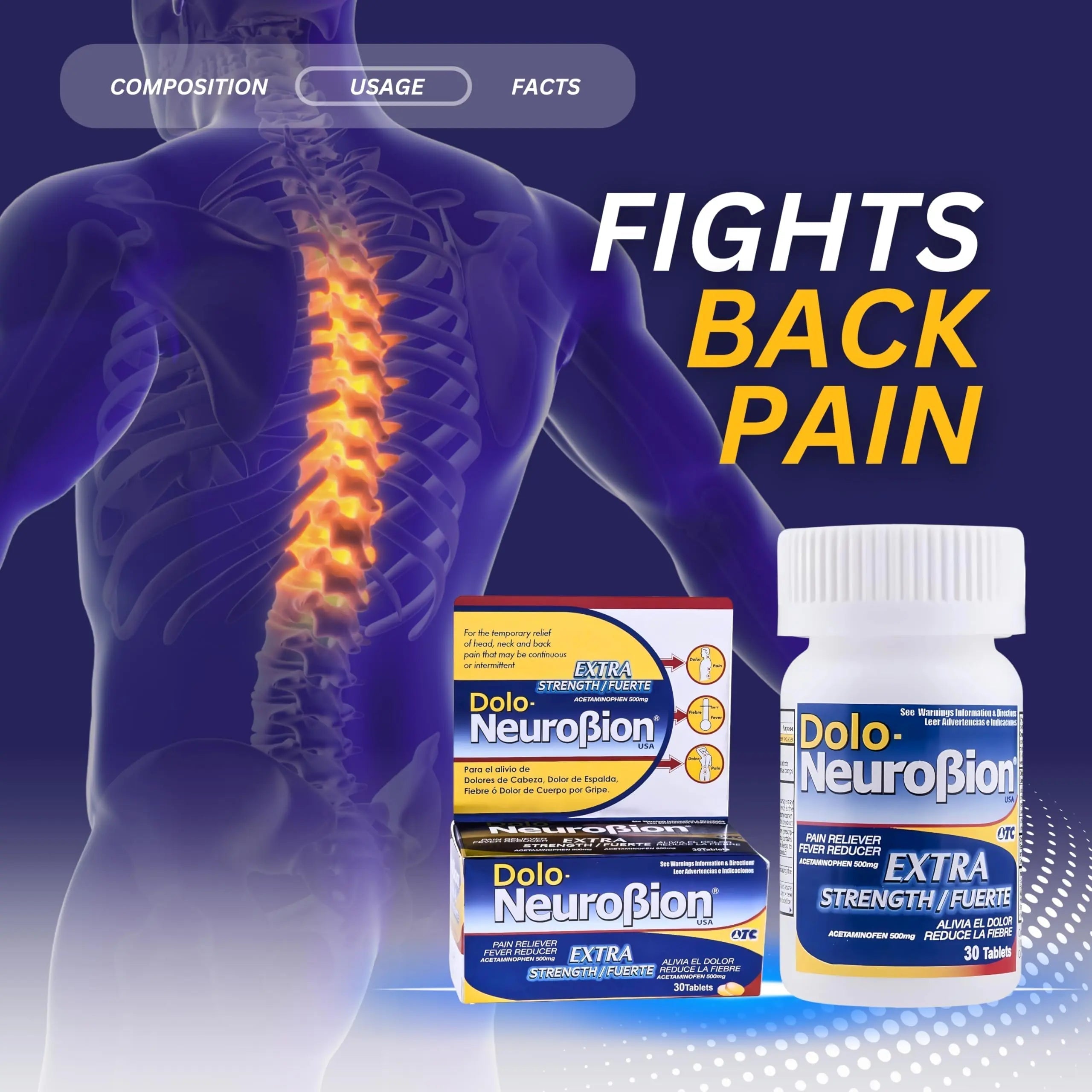 Dolo Neurobion 30 Tablets - Pain Reliever, Fever Reducer, Extra Strength, Fuerte, Alivia el Dolor, Reduce la Fiebre Neurobion uk supplements