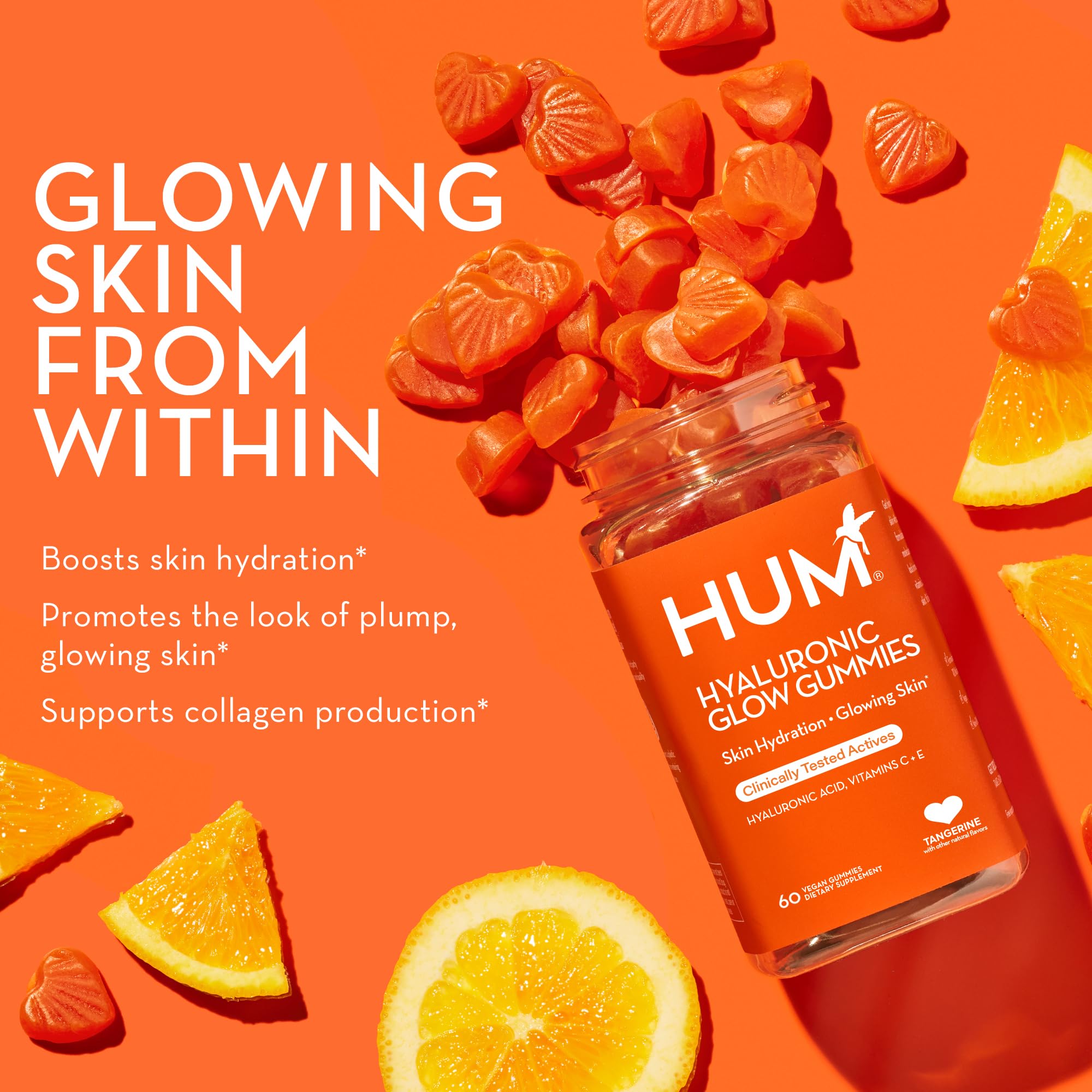 HUM Hyaluronic Glow Hydrating Skin Care Supplement, with Low Molecular Hyaluronic Acid, Vitamin C from Amla Fruit, and Vitamin E, Antioxidant Support for Skin Hydration, Tangerine, 60 Vegan Gummies HUM uk supplements
