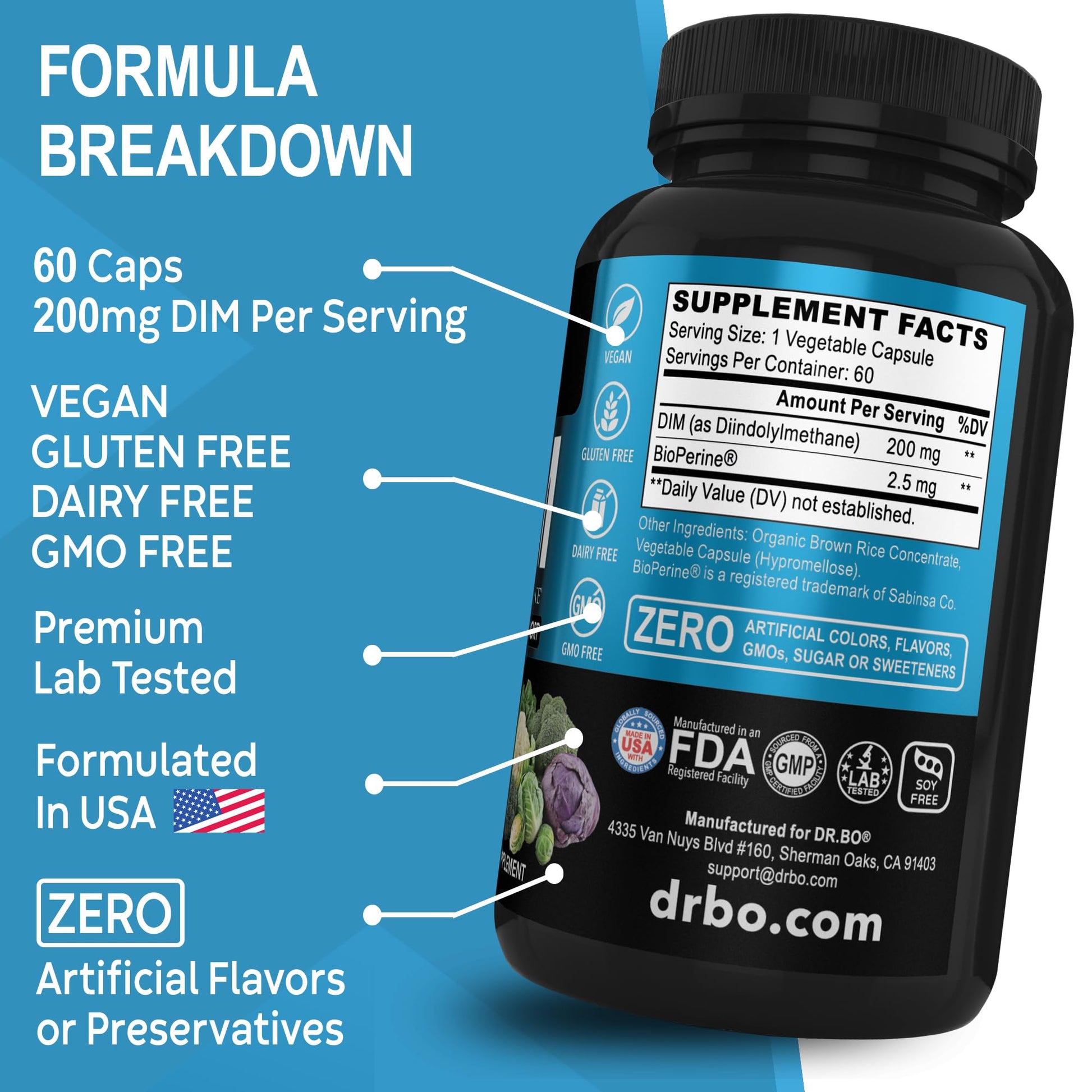 DIM Supplement for Women & Men 200mg - Androgen Estrogen Blocker for Men & Women, Hormonal Acne Pills, Hormone Balance, Menopause Support, Diindolylmethane DIM Supplement Plus BioPerine - 60 Capsules DR. BO uk supplements