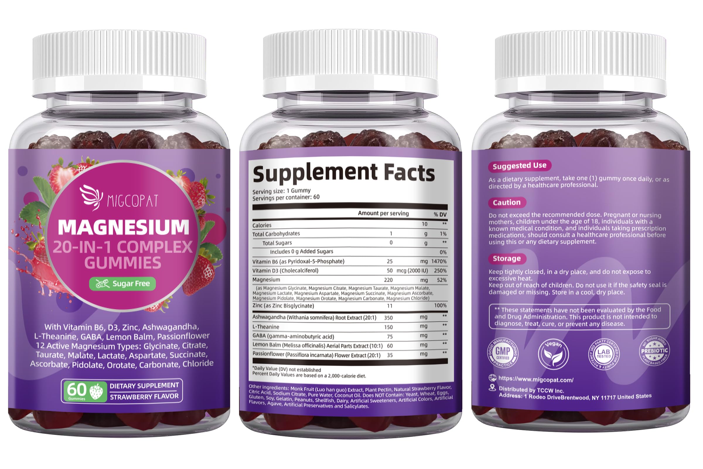 Migcopat Magnesium Complex Gummies, 20 in 1 Magnesium Gummy with Glycinate Citrate Malate Taurate - Ashwagandha, L-Theanine, D3&Zinc for Relaxation, Sleep, Muscle&Heart Support, Strawberry, 60 Cts Migcopat uk supplements