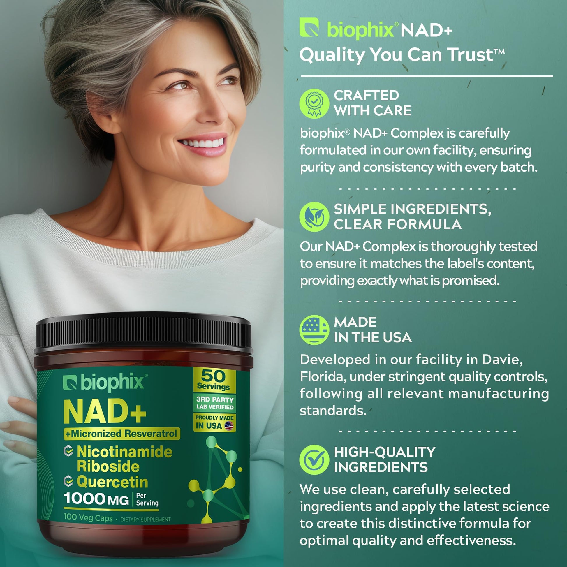 biophix NAD+ Liposomal Supplement for Women & Men - 1000 mg per Serving - Nicotinamide Riboside, Micronized Resveratrol & Quercetin Complex - 100 Veg Capsules - Non-GMO, Gluten-Free, cGMP Certified biophix uk supplements