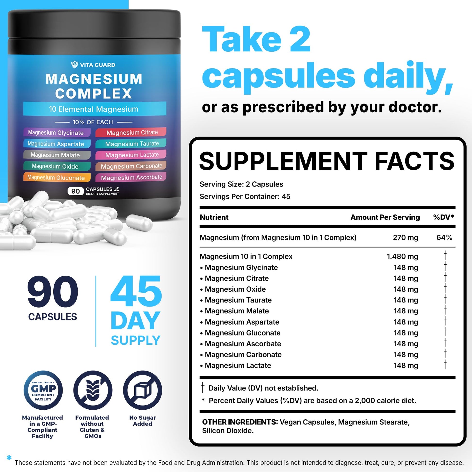 Vita Guard Magnesium Complex 1480mg – 10-in-1 with Glycinate, Citrate, Malate & More – High Absorption – Sleep, Muscle, Nerve & Heart Support – 90 Vegan Capsules – Non-GMO, Gluten-Free, No Sugar Vita Guard uk supplements
