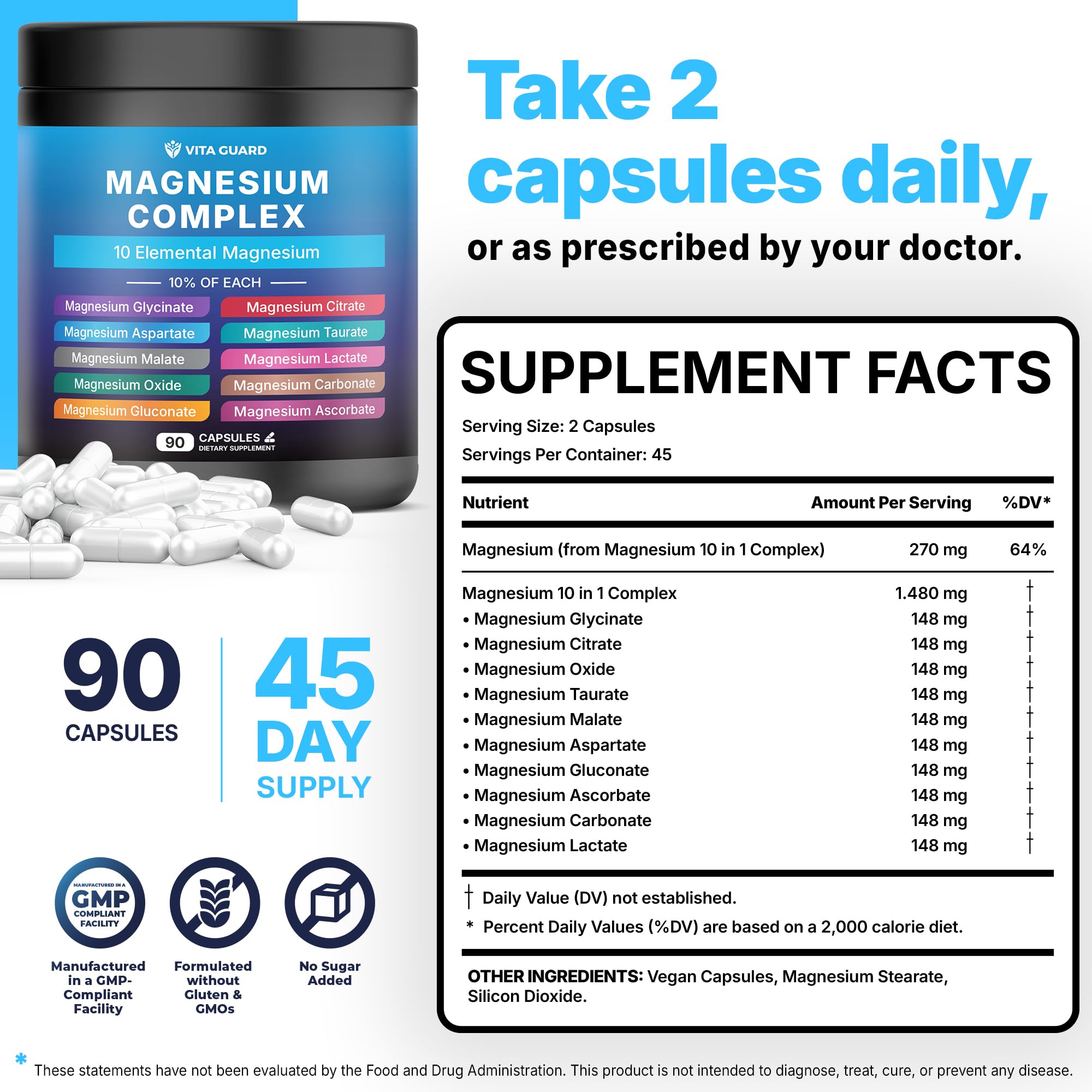 Vita Guard Magnesium Complex 1480mg – 10-in-1 with Glycinate, Citrate, Malate & More – High Absorption – Sleep, Muscle, Nerve & Heart Support – 90 Vegan Capsules – Non-GMO, Gluten-Free, No Sugar Vita Guard uk supplements