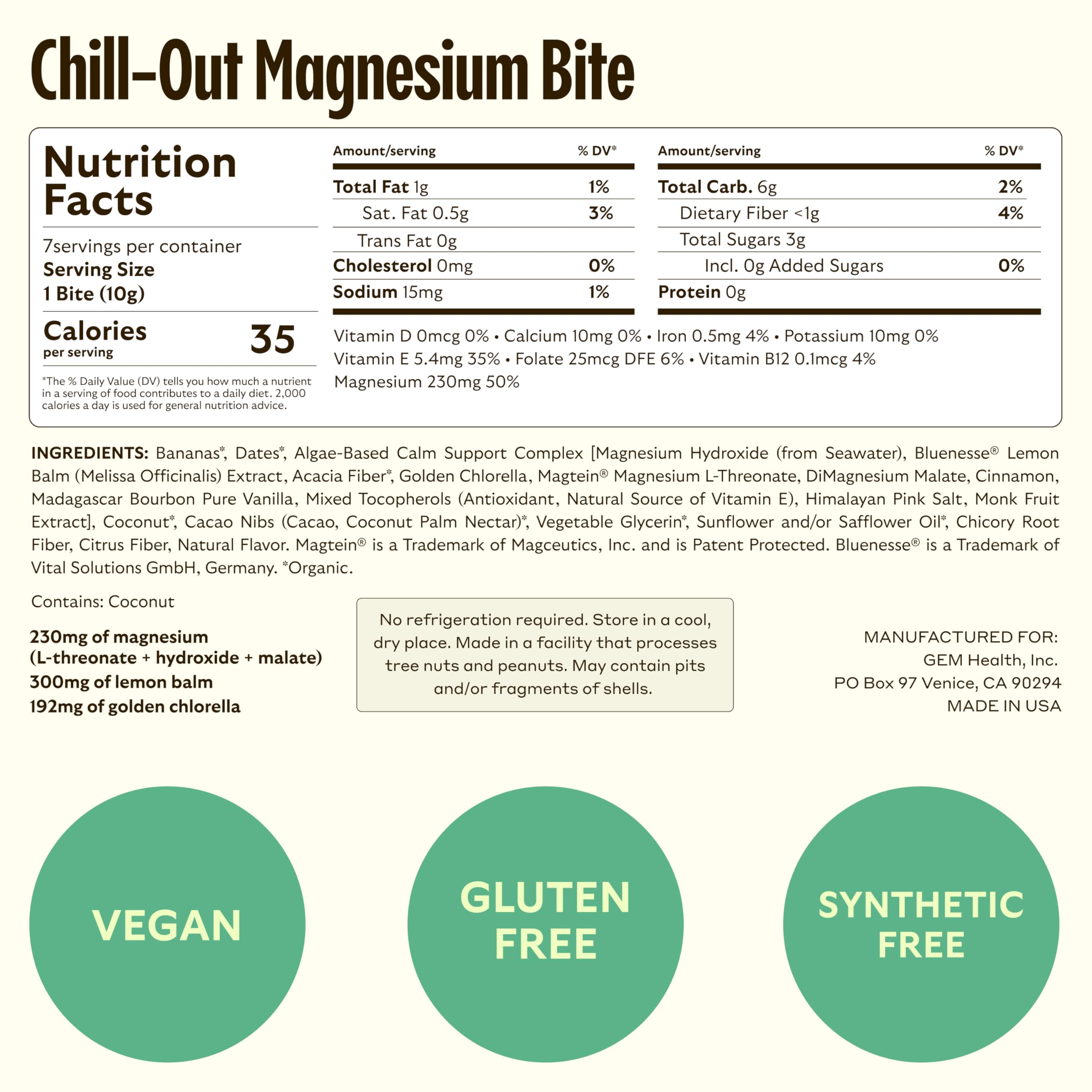 GEM Calm Bite | Supports Calm Mind & Clarity | Magnesium L-Threonate, Golden Chlorella, Lemon Balm | Holistic Non-Habit Forming | Gluten Free, Soy Free, Banana Cinnamon (7 Count) GEM uk supplements