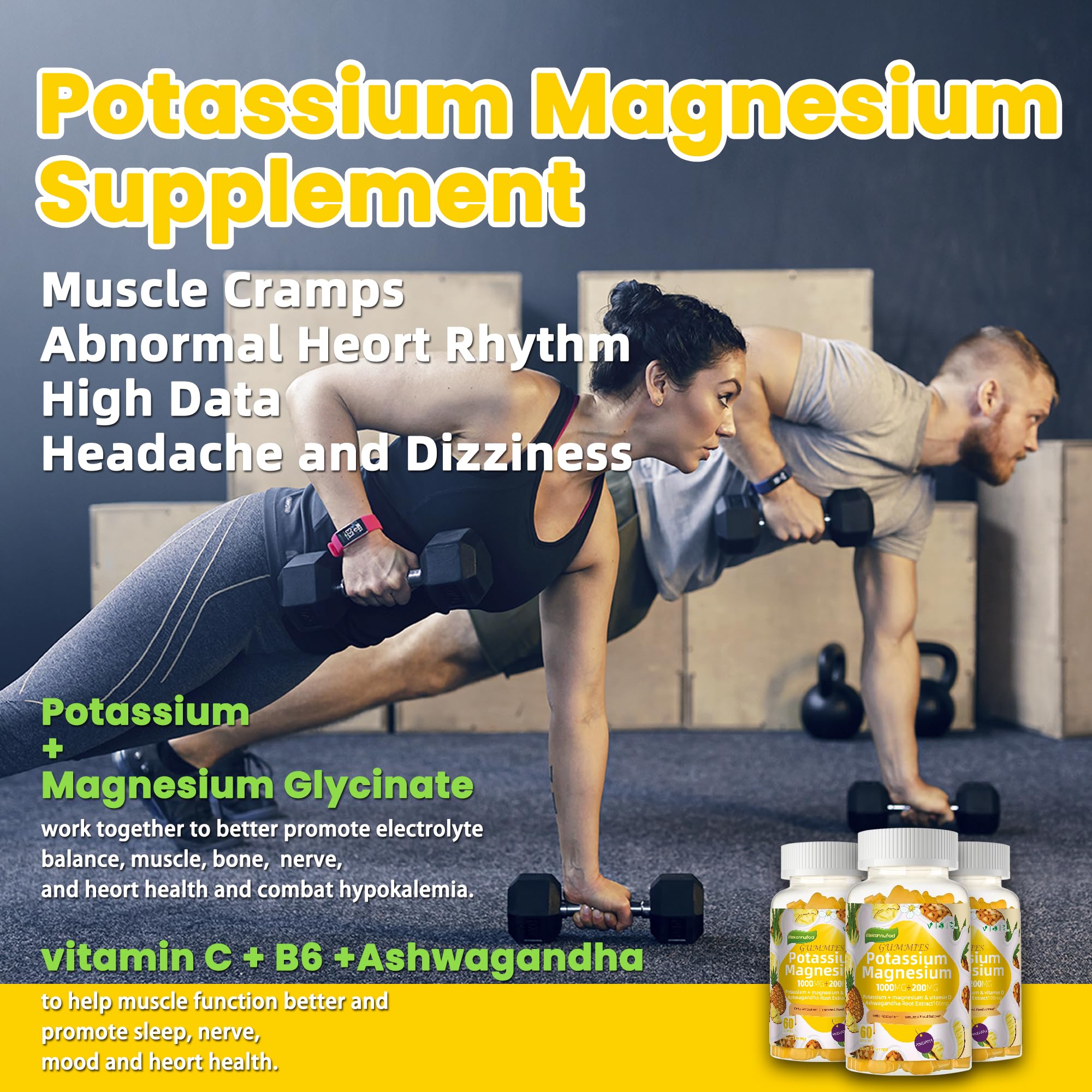 Potassium Magnesium Gummies,High Absorption Magnesium Glycinate,B6,D3,Potassium Citrate for Leg Cramps,Muscle,Electroyte for Adults Kids,Sugar-Free, 60 Gummies (Pineapple) Wekannufod uk supplements