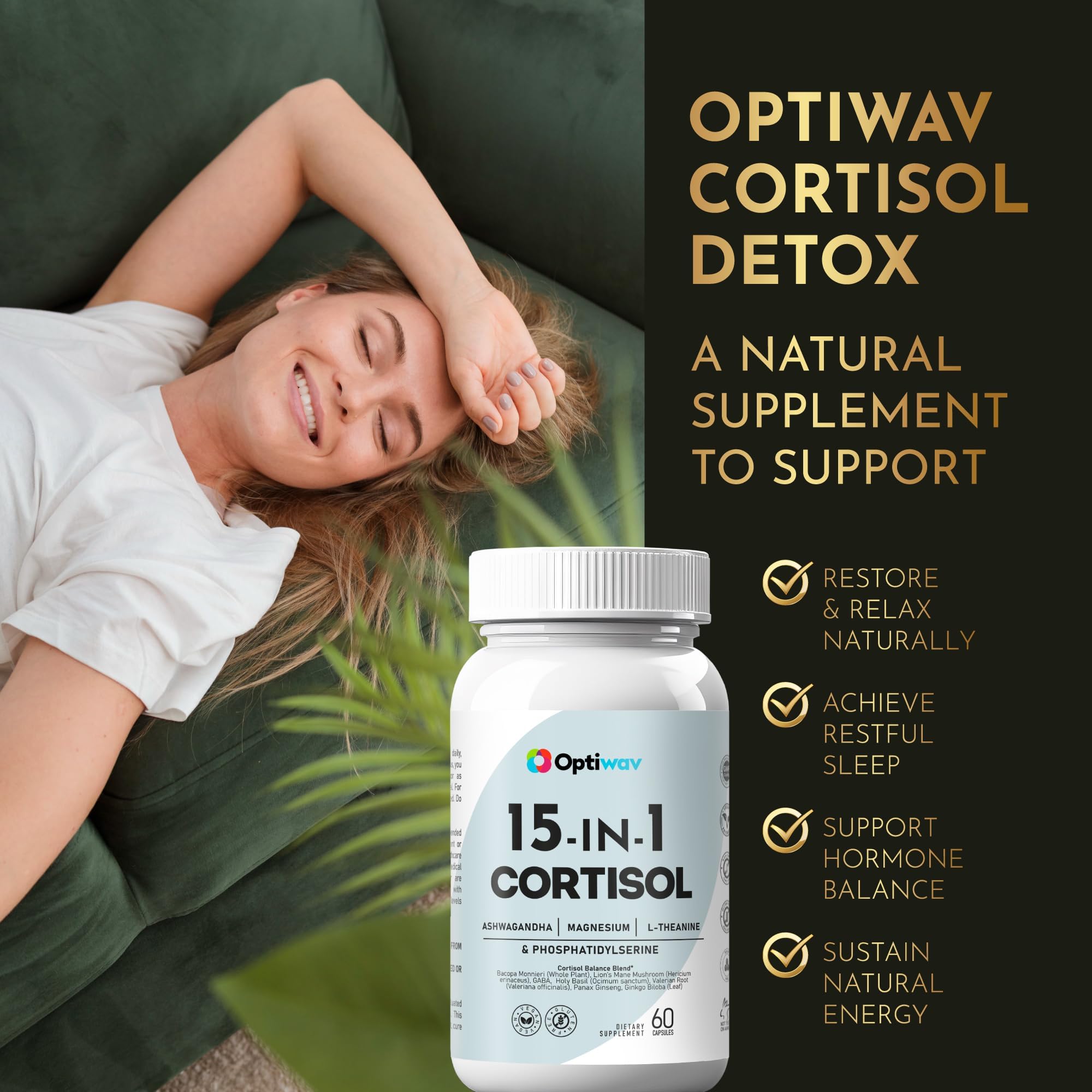 Optiwav Cortisol Detox Supplement for Women Men - Control & Lowering High Cortisol Level - Balance Calm Stress Relief Cleanse Adrenal Health Support - Magnesium Ashwagandha Cortisol Blocker Reducer Optiwav uk supplements