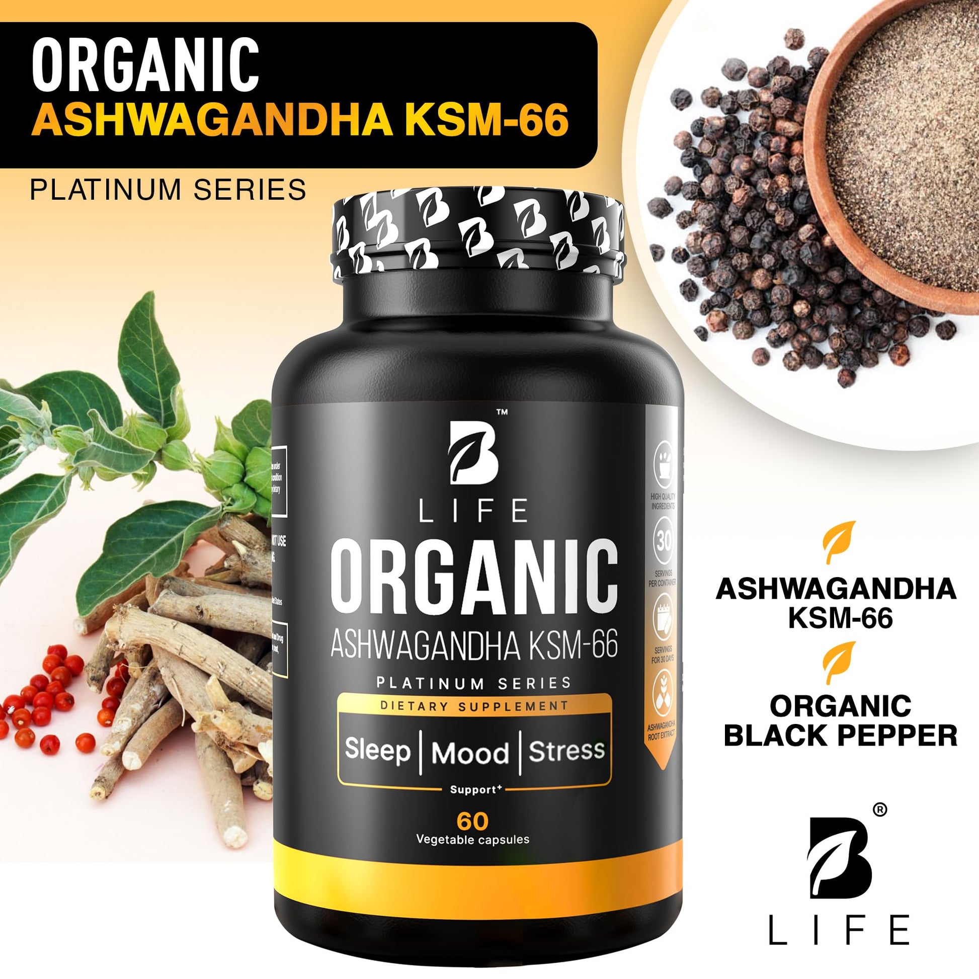 Organic Ashwagandha KSM-66 1000 mg Supplement | Adaptogen for Cortisol Support & Stress Relief | Mood, Calm & Sleep Aid for Men & Women | Ashwagandha ritual vitamins for women | 60 Vegan Caps B Life Company uk supplements