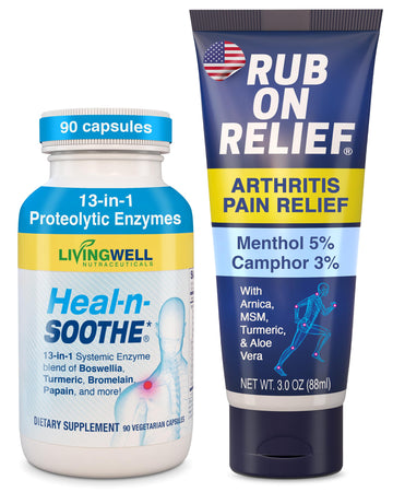 RUB ON RELIEF & HEAL-N-SOOTHE Bundle - Topical Pain Relief Cream for Joints, Knees, Shoulders and Back plus Proteolytic Enzymes for Joint Support for Men and Women - 2-Pack, 3oz Cream & 90 Capsules HEAL-N-SOOTHE uk supplements