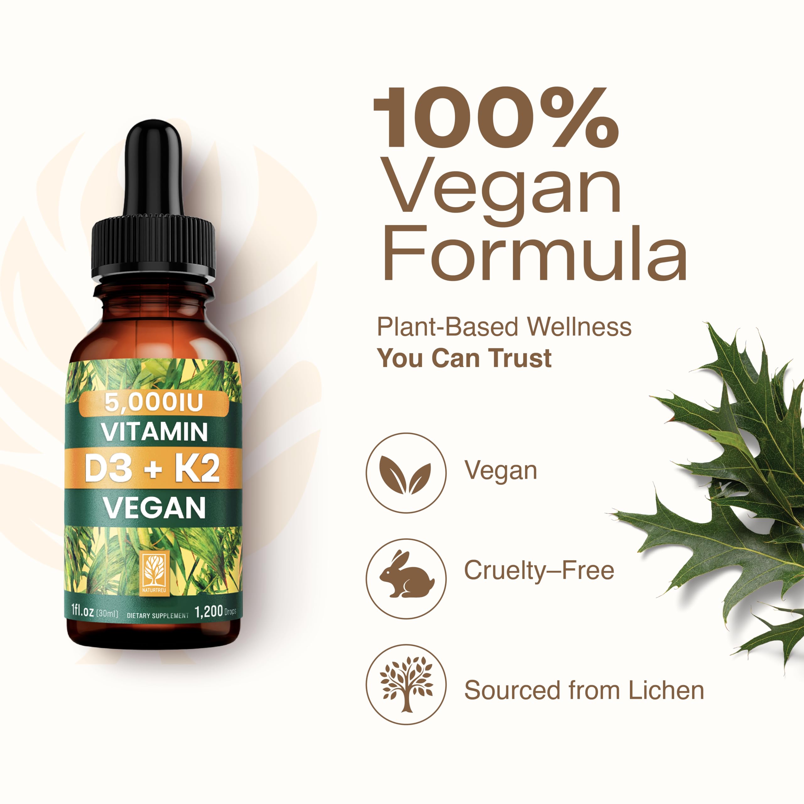 NATURTREU Vegan Vitamin D3 K2 Liquid Drops with MCT Oil for Adults (240 Servings) - Liquid Vitamin D K2 MK7 - All Natural, Non-GMO & Dr Formulated with 3X More Absorption - Third-Party Tested NATURTREU uk supplements