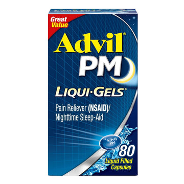 Advil PM Liqui-Gels Pain Reliever and Nighttime Sleep Aid, Pain Medicine with Ibuprofen for Pain Relief and Diphenhydramine HCL for a Sleep Aid - 80 Liquid Filled Capsules - Back to College Advil uk supplements