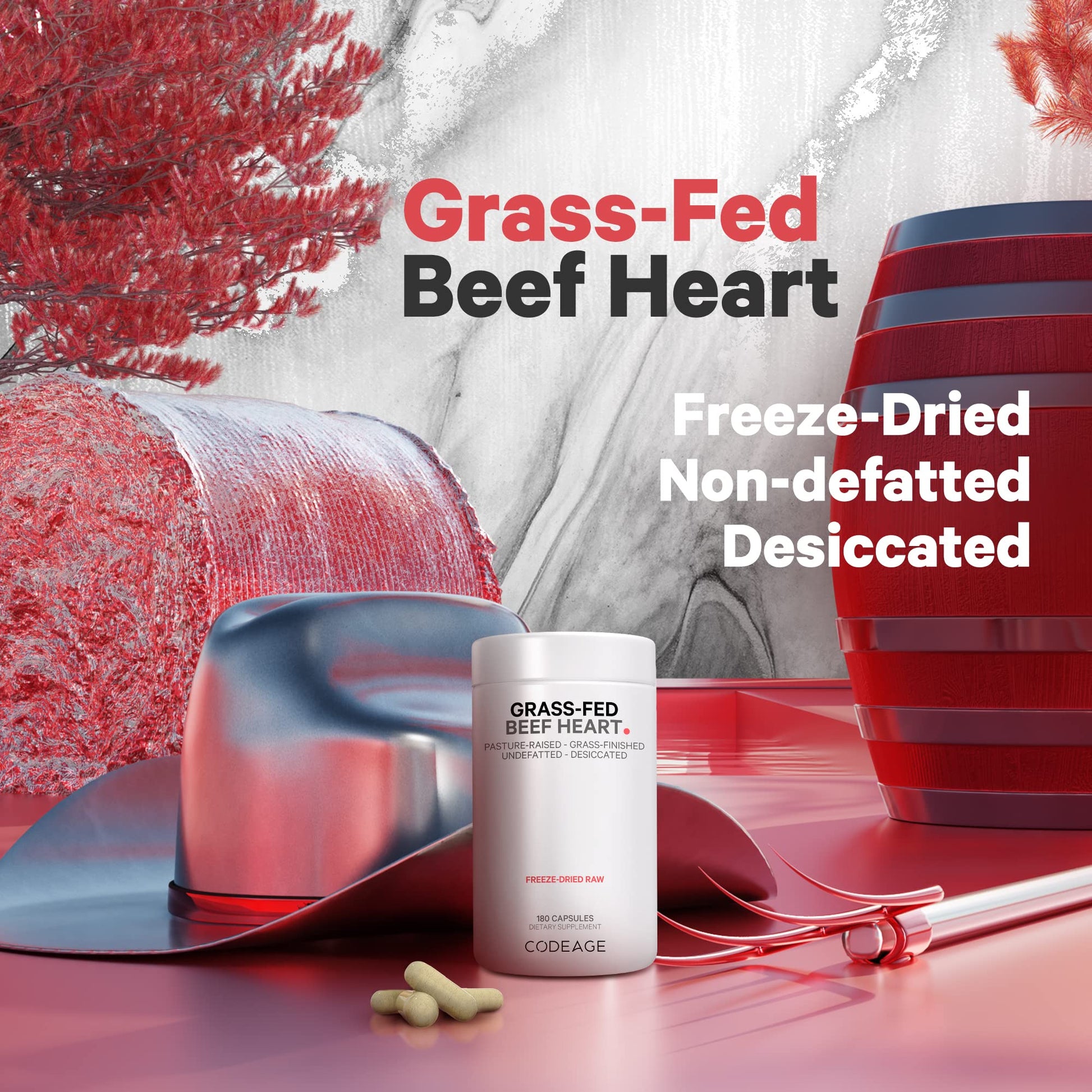 Codeage Grass Fed Beef Heart Supplement - Freeze Dried, Non-Defatted, Desiccated Glandular Supplements - Bovine Meat & Liver Pills - Beef Vitamins for Heart - Non-GMO -180 Capsules Codeage uk supplements