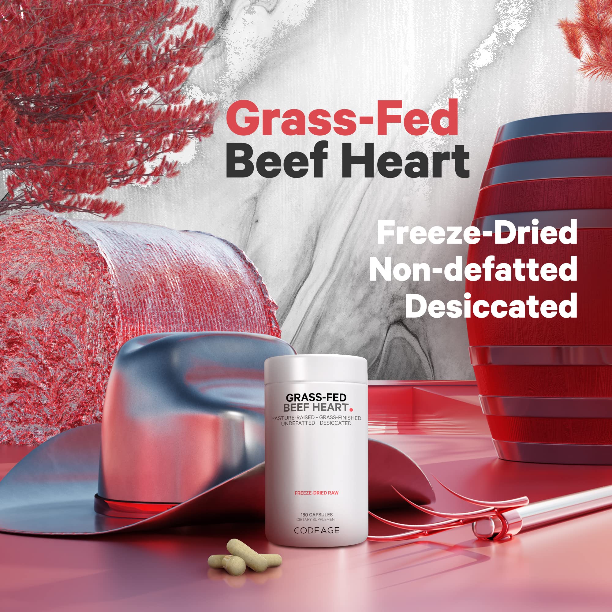 Codeage Grass Fed Beef Heart Supplement - Freeze Dried, Non-Defatted, Desiccated Glandular Supplements - Bovine Meat & Liver Pills - Beef Vitamins for Heart - Non-GMO -180 Capsules Codeage uk supplements