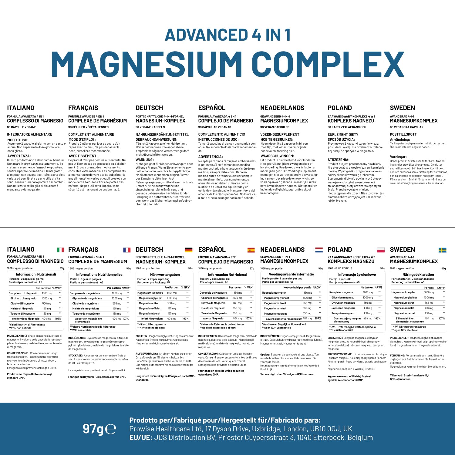 Magnesium Glycinate Complex 4 in 1-1866mg per Serving | Precise 404mg Elemental Magnesium dose | Added Magnesium Glycinate, Citrate, Malate & Taurate | 90 Vegan Capsules - by Prowise PH PROWISE Healthcare uk supplements