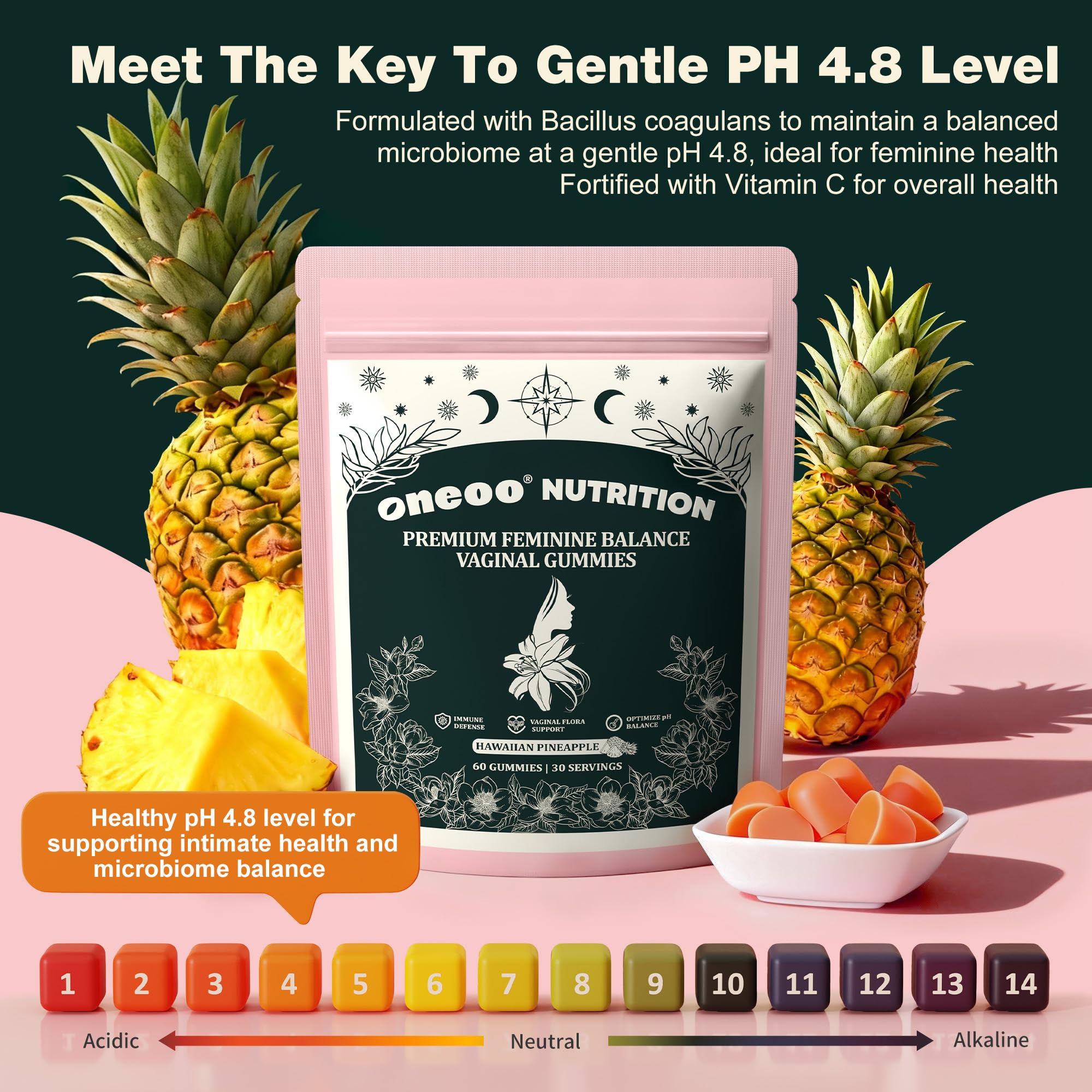 Oneoo Feminine Balance Gummies - Premium Balance Gummies for Women's pH Health, Feminine Gummy for Immune & Energy Support, Vegan, Gluten-Free, Hawaiian Pineapple, 60 Count Oneoo uk supplements