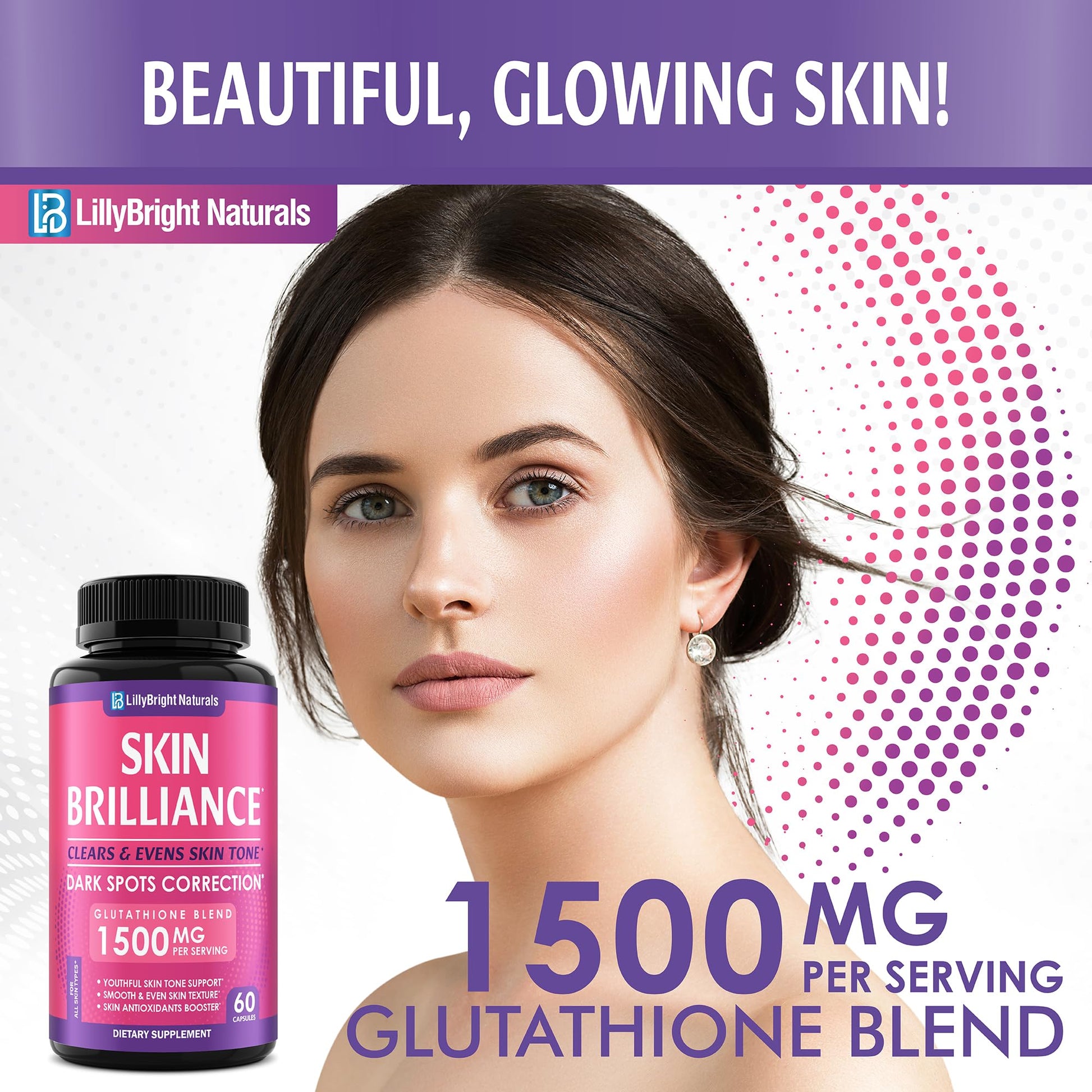 Glutathione Capsules - 1,500mcg L-Glutathione Supplement with Vitamin C - Skin Tone Enhancer - Targets Dark Spots & Acne Marks - Antioxidant Supplement for Beauty & Health Support - 60 Skin Pills LB LILLYBRIGHT NATURALS uk supplements