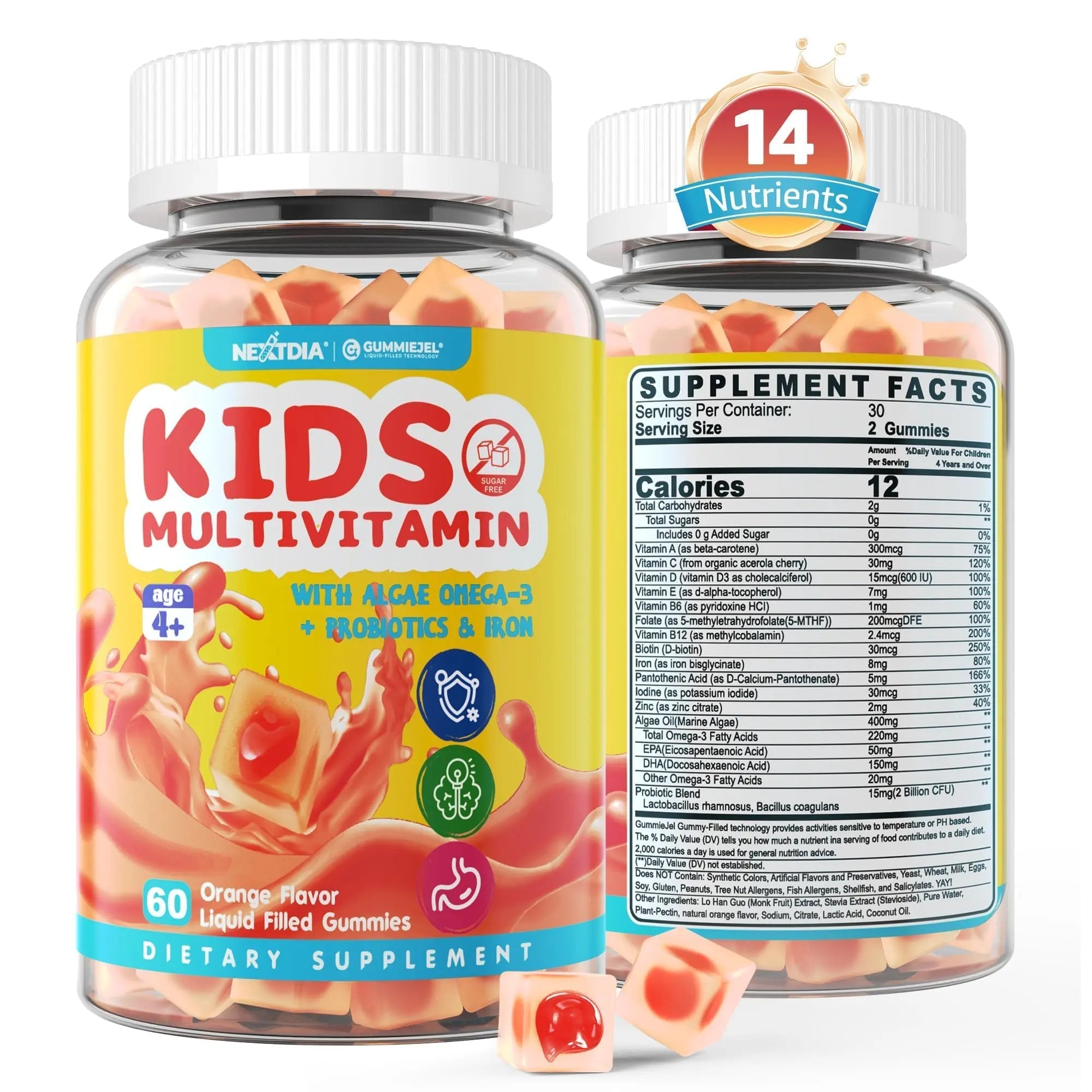 Kids Multivitamin Gummies with Iron, Sugar Free, Kids Daily Vitamins + Probiotics, Algae Omega 3 (EPA/DHA), A, C, D, Methyl B12, Folate, B6, Zinc, Biotin Nextdia uk supplements