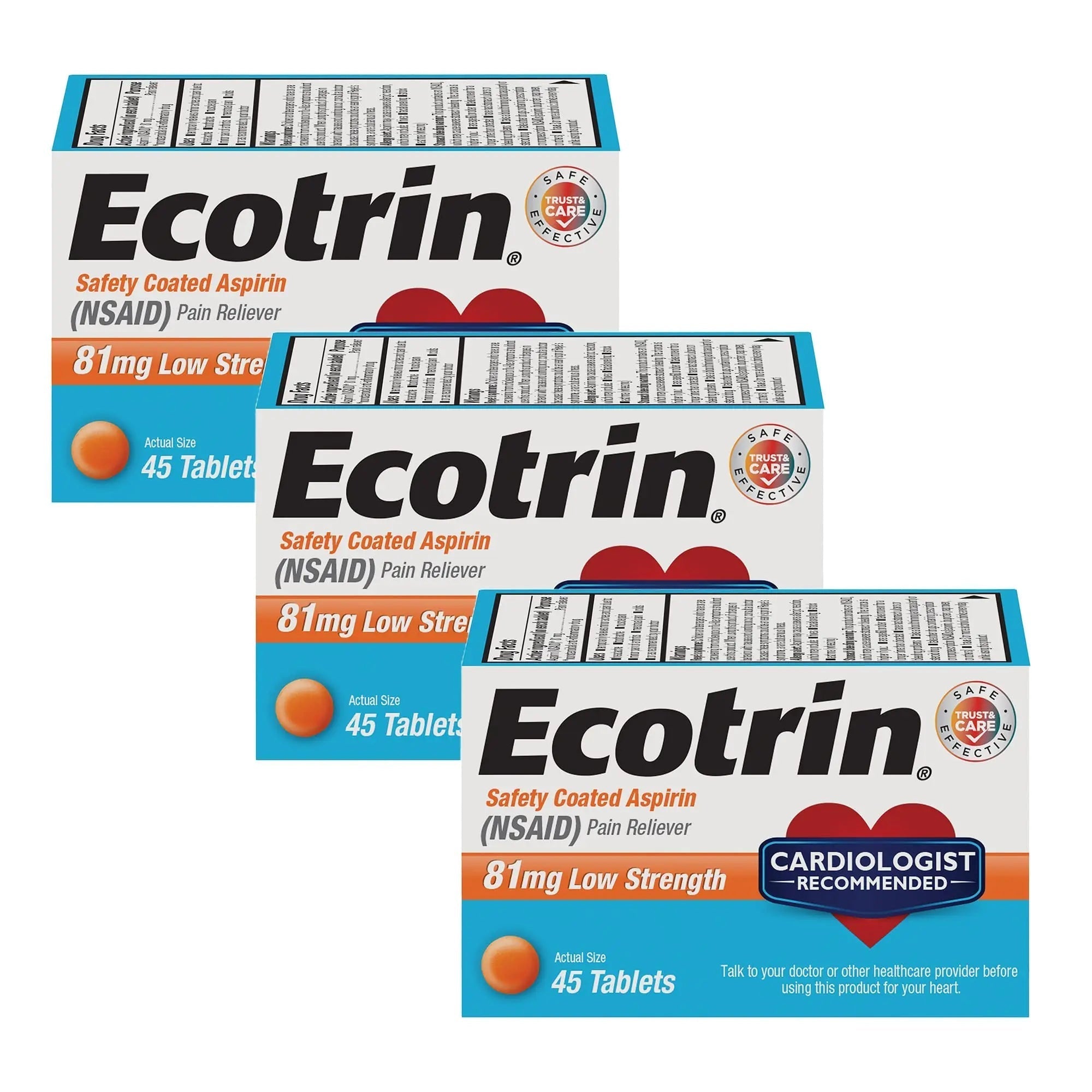 Ecotrin Safety Coated Aspirin Pain Reliever Tablets, Low Strength, NSAID 81mg, 45 ct (Pack of 3) Ecotrin uk supplements