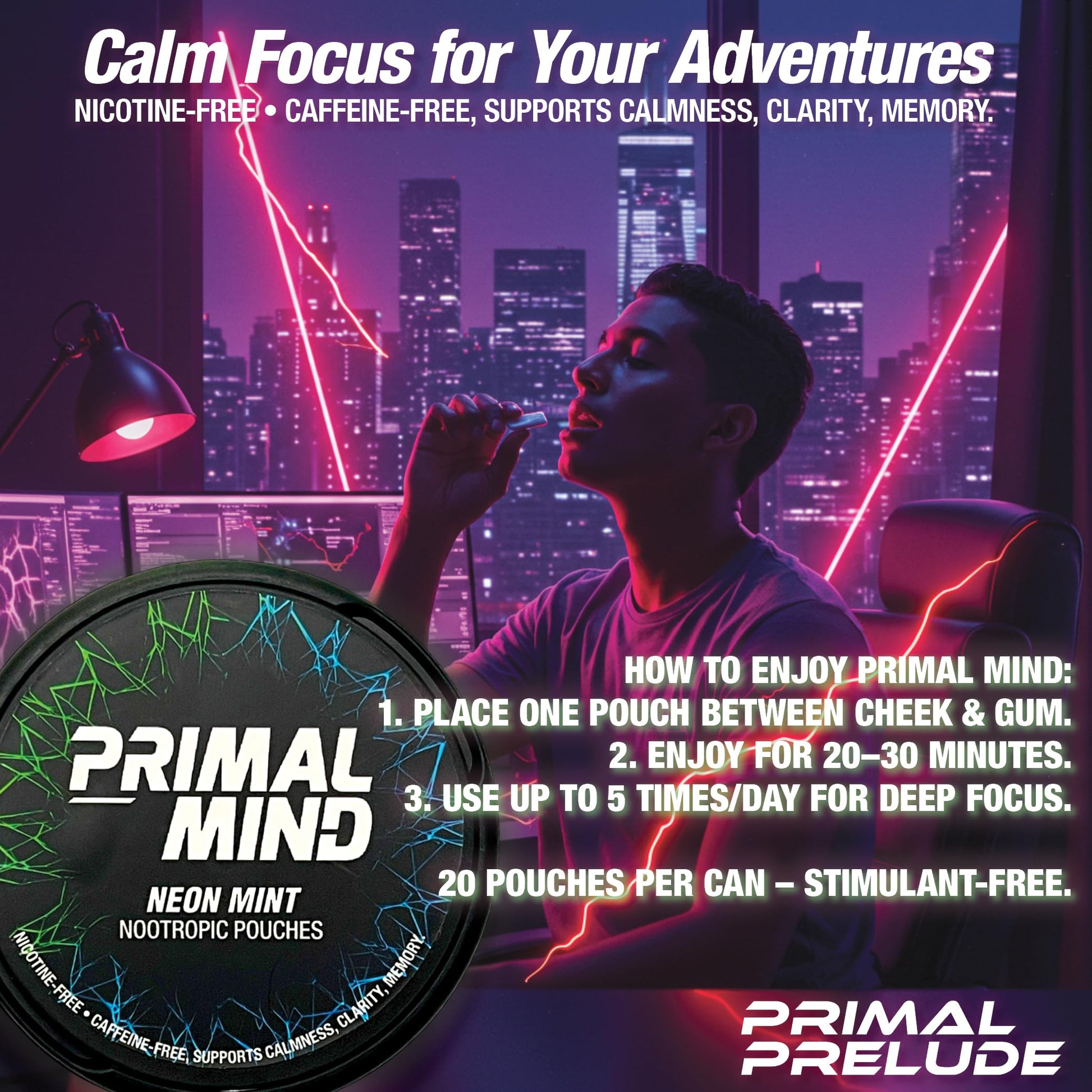 Nootropic Pouches - Primal Mind Caffeine Free Nootropics Pouches Made with Ginkgo Biloba & L-Theanine - Nicotine Free Brain Boost, No Sugar, Cognitive Support – 20 Pouches Per Can, 5 Pack (Neon Mint) Primal Prelude uk supplements