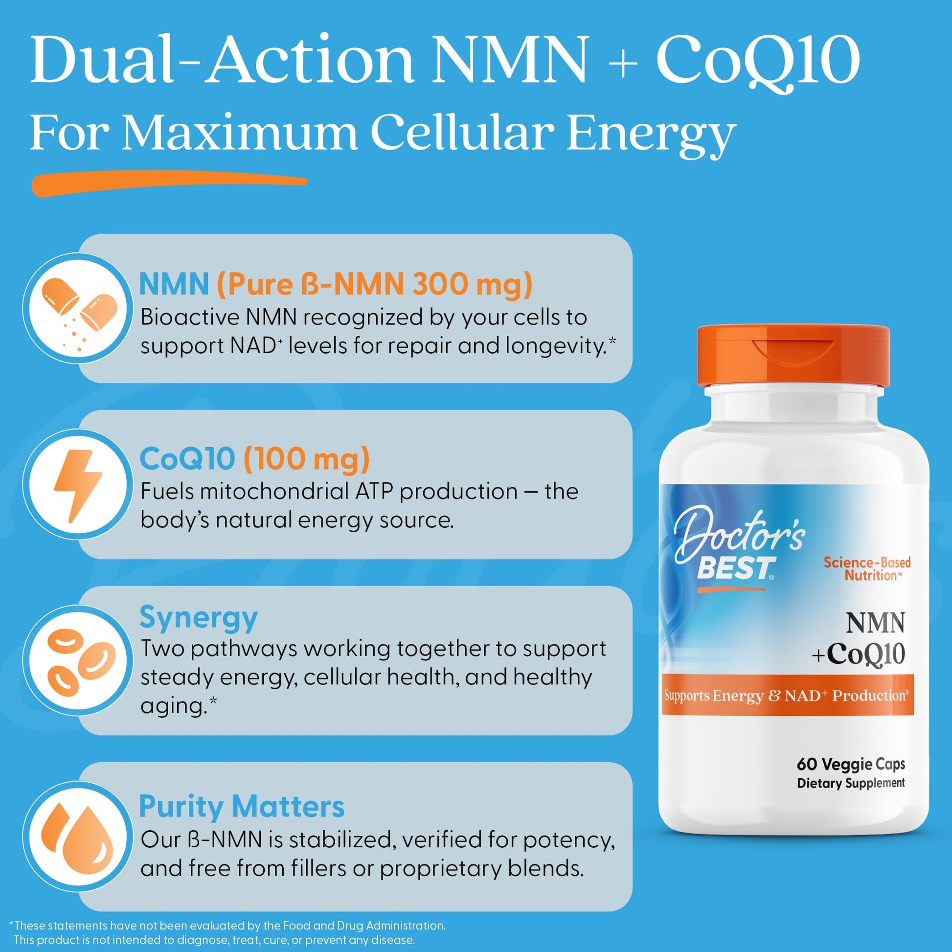 Doctor's Best NMN + CoQ10 Supplement for Women & Men - Supports NAD+ Production & Cellular Energy, Beta Nicotinamide Mononucleotide 150 mg & Coenzyme Q10 50 mg per Capsule, Vegan, Non GMO- 60 Veg Caps Doctor's BEST uk supplements