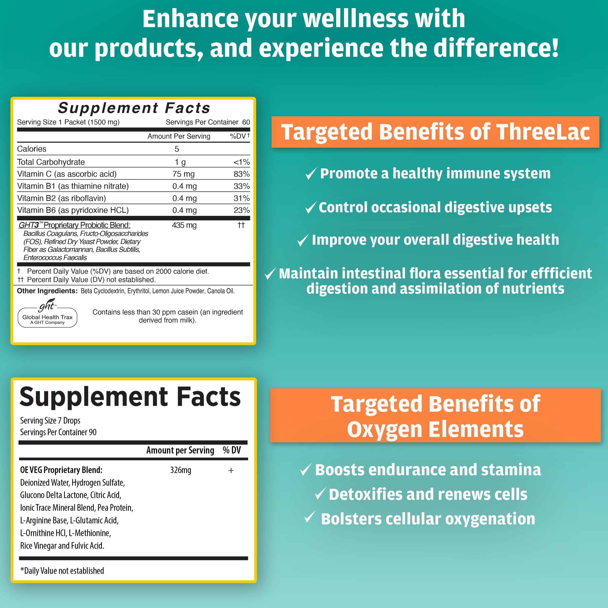 GHT – Ultimate Gut & Oxygen Duo: ThreeLac Lemon Probiotic Powder (180 Packets) & Oxygen Elements Max Drops (3oz) - Digestive Support & Cellular Vitality ght Global Health Trax uk supplements