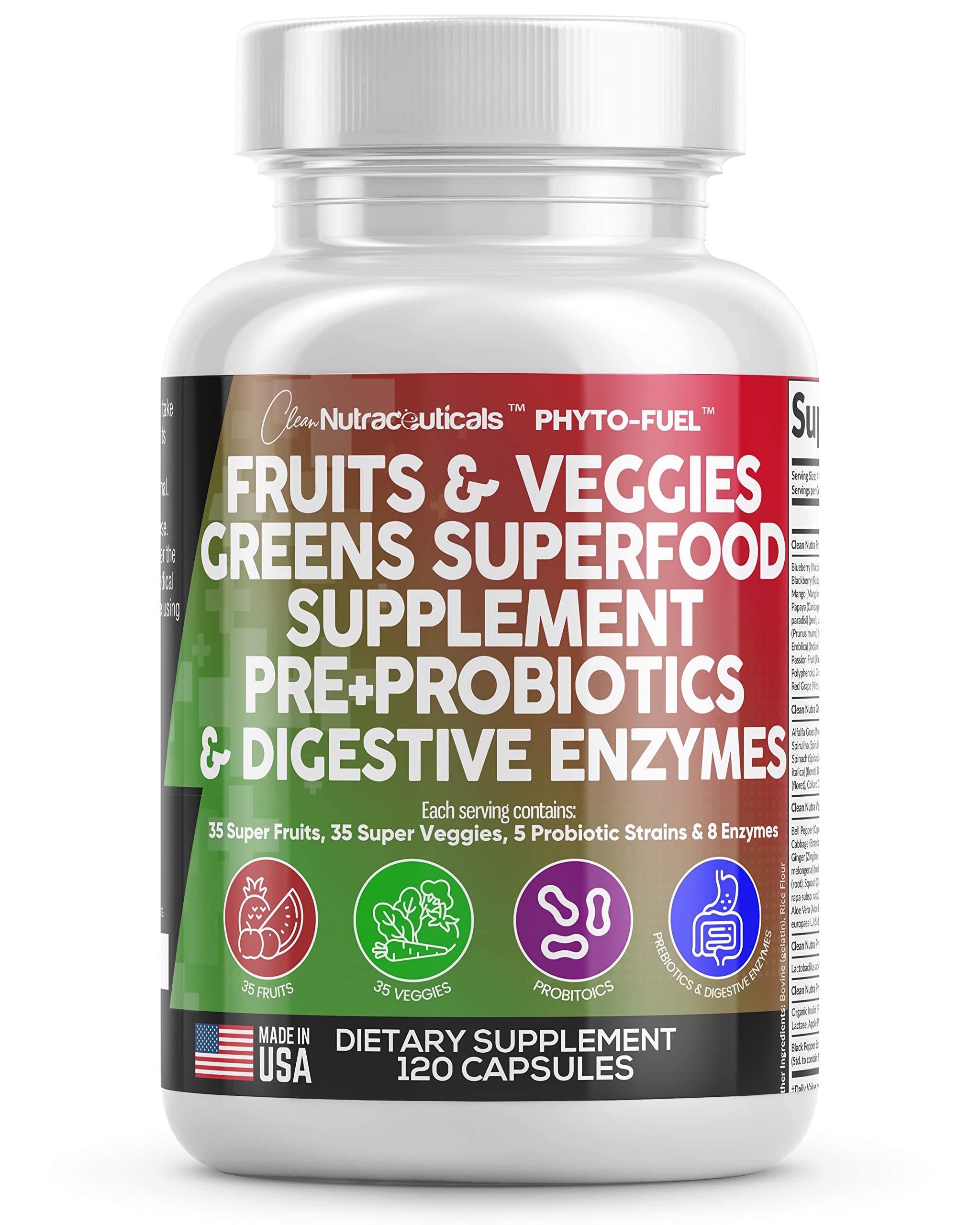 Clean Nutraceuticals Fruits and Veggies Supplement Reds & Green Superfood - Balance of Over 70 Fruit & Vegetable Supplements Capsules with Probiotics Prebiotics Digestive Enzymes - 120 Ct USA Clean Nutraceuticals uk supplements
