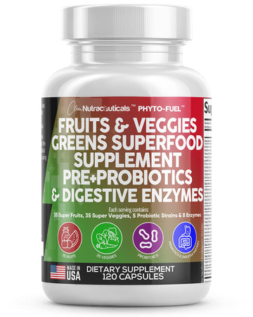 Clean Nutraceuticals Fruits and Veggies Supplement Reds & Green Superfood - Balance of Over 70 Fruit & Vegetable Supplements Capsules with Probiotics Prebiotics Digestive Enzymes - 120 Ct USA Clean Nutraceuticals uk supplements